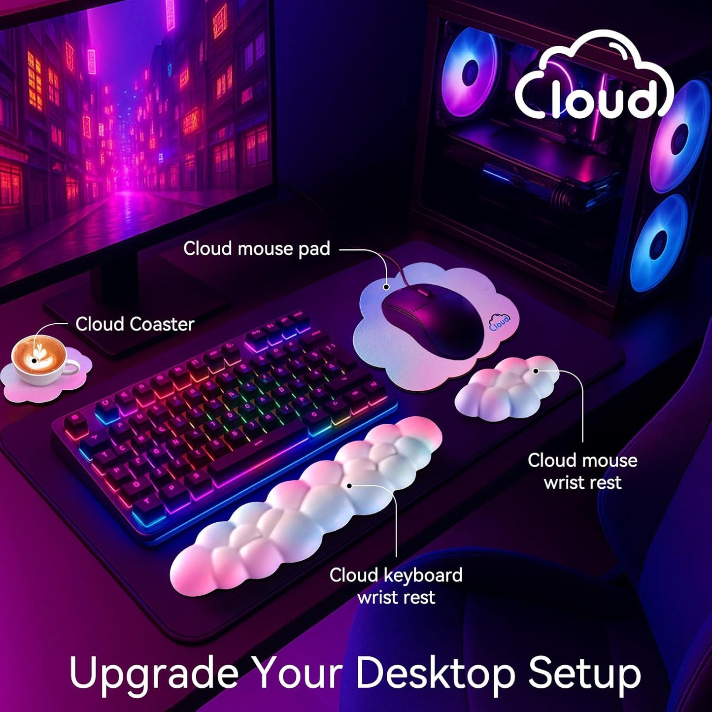 Cloud Wrist Rest for Computer Keyboard, 4-in-1 Memory Foam Leather Cloud Keyboard Wrist Rest and Mouse Pad Set with Ergonomic Support for Arm and Palm Cushion, Gaming/Work Setup, Dark Green