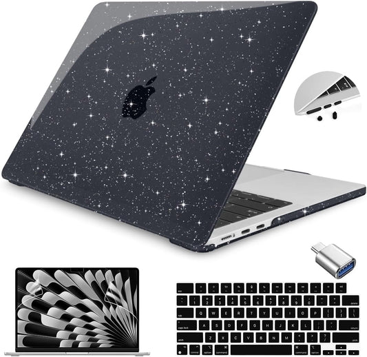 Teryeefi Sparkly Case for M4/M3/M2 MacBook Air 15 inch Case 2025 2024 2023 Model A3241/A3114/A2941, Laptop Hard Shell with Keyboard Cover&OTG Adapter& Screen Protector, Glitter Black