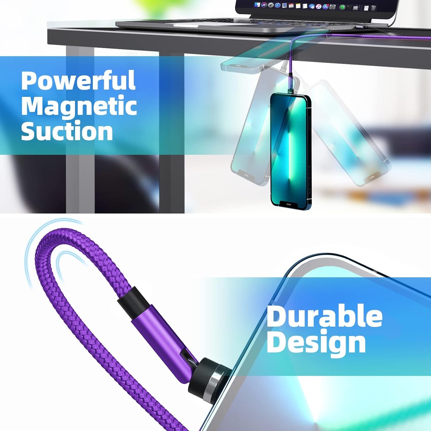 540° Rotation Magnetic Charging Cable 3 in 1 Magnetic Phone Charger [4-Pack, 3ft/3ft/6ft/10ft] 3A Fast Charging Cable & Data Transfer USB Magnet Charger Cable for i-P/Micro USB/Type C Device-Purple