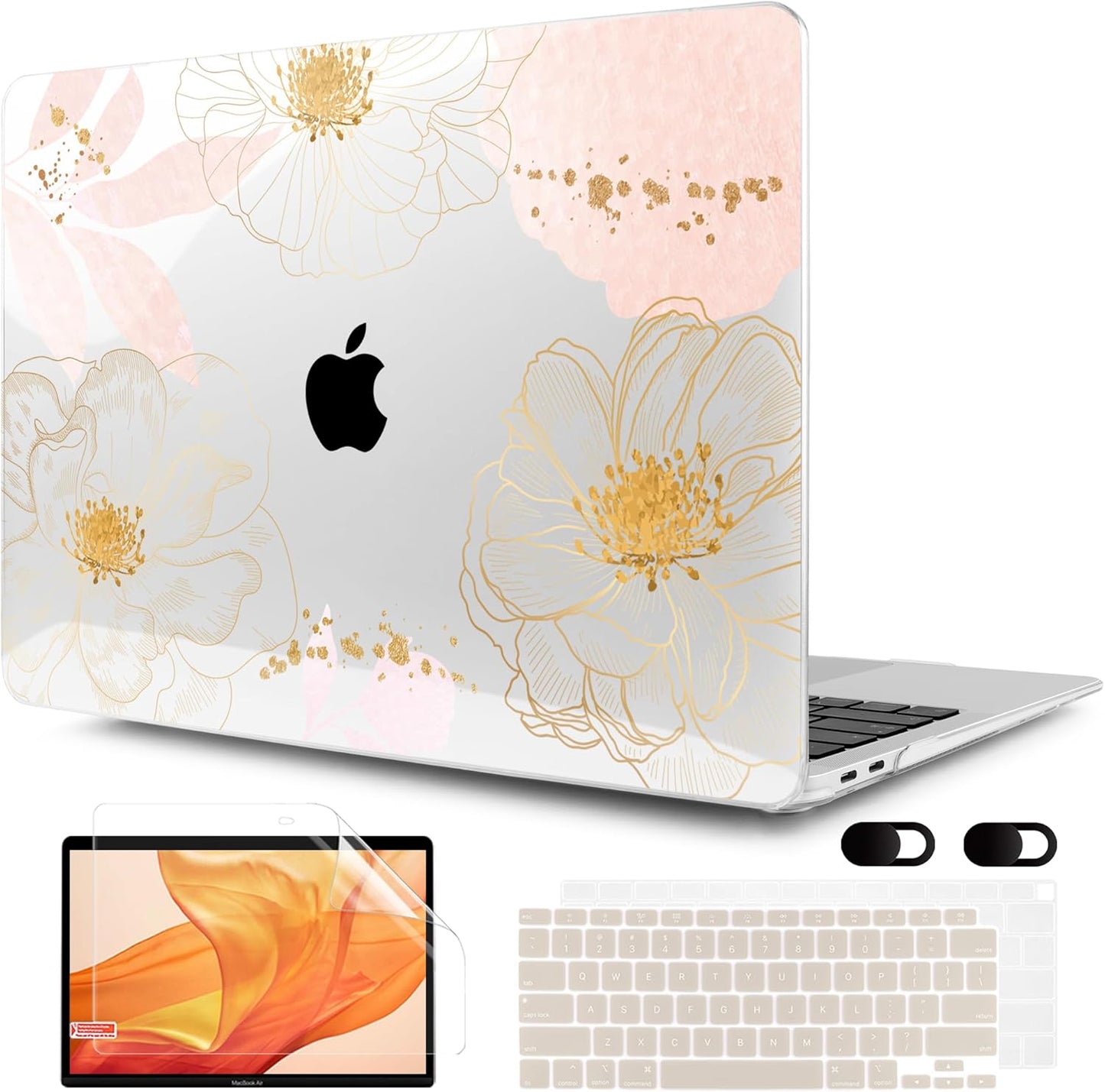 MEEgoodo for MacBook Air 13 inch Case 2021 2020 2019 2018 Released A2337 M1 A2179 A1932 with Touch ID, Plastic Hard Shell & Keyboard Cover Compatible with MacBook Air Case 13.3, Tropical Pink Flowers
