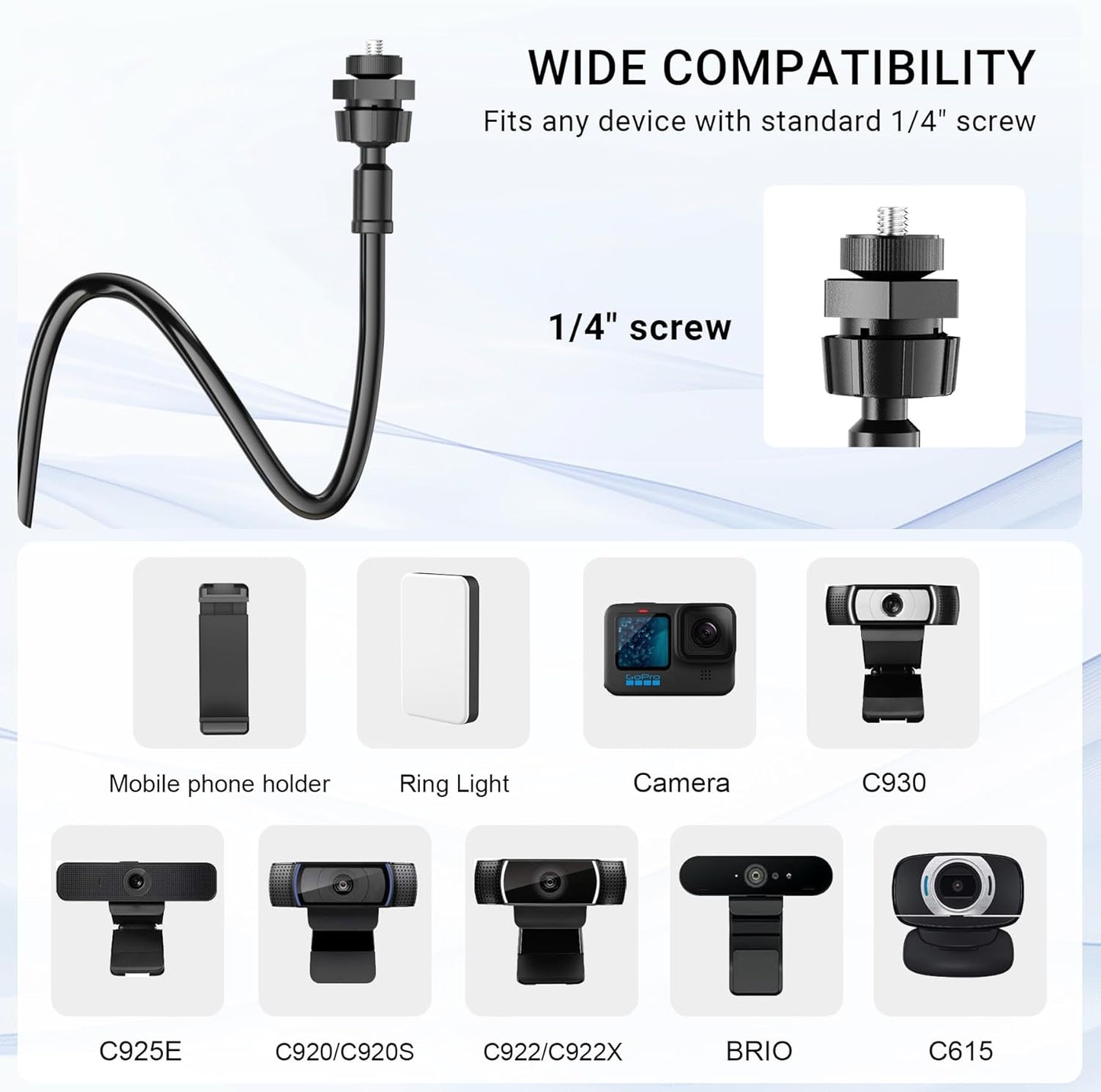 Flexible Webcam Stand Mount for Desk, Gooseneck Webcam Tripod with Clamp, Desktop Phone Holder & Table Top Tripod Compatible with Action Camera Gopro C922 C930e C920S C920 C615 C960 C920x Brio