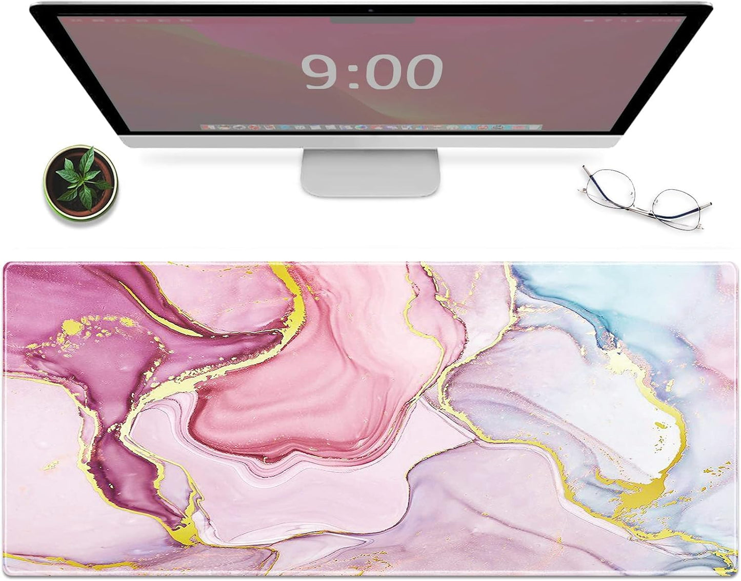 Galdas Gaming Mouse Pad Cool Flash Pattern XXL XL Large Mouse Pad Long Extended Mousepad Desk Pad Non-Slip Rubber Mice Pads Stitched Edges Thin Pad (31.5x11.8x0.12 Inch) (Pink Marble Pattern)