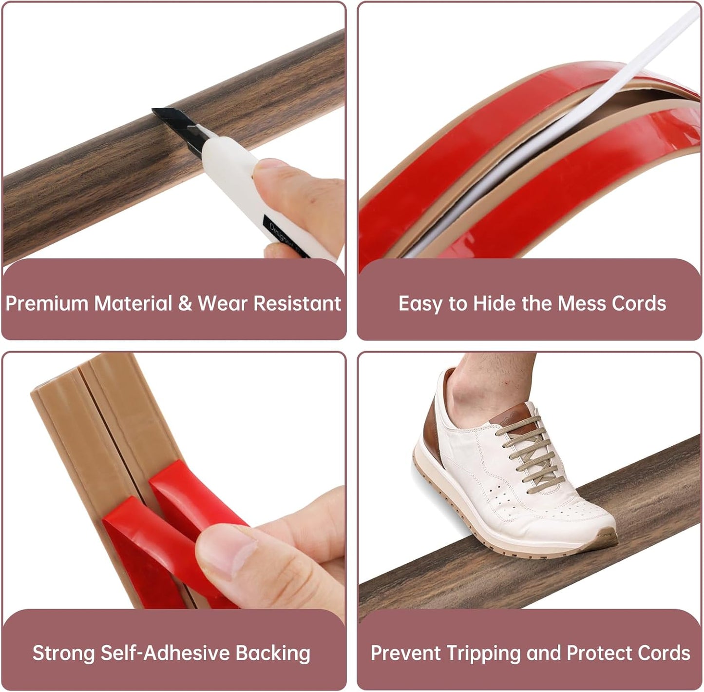 Floor Cord Cover Self Adhesive Cord Hider Floor Extension Cord Covers for Floor Power Cord Protector Cable Management Prevent Cable Trips Cable Cavity 0.59" W x 0.31" H (Smoked Brown Wood, 20Ft)