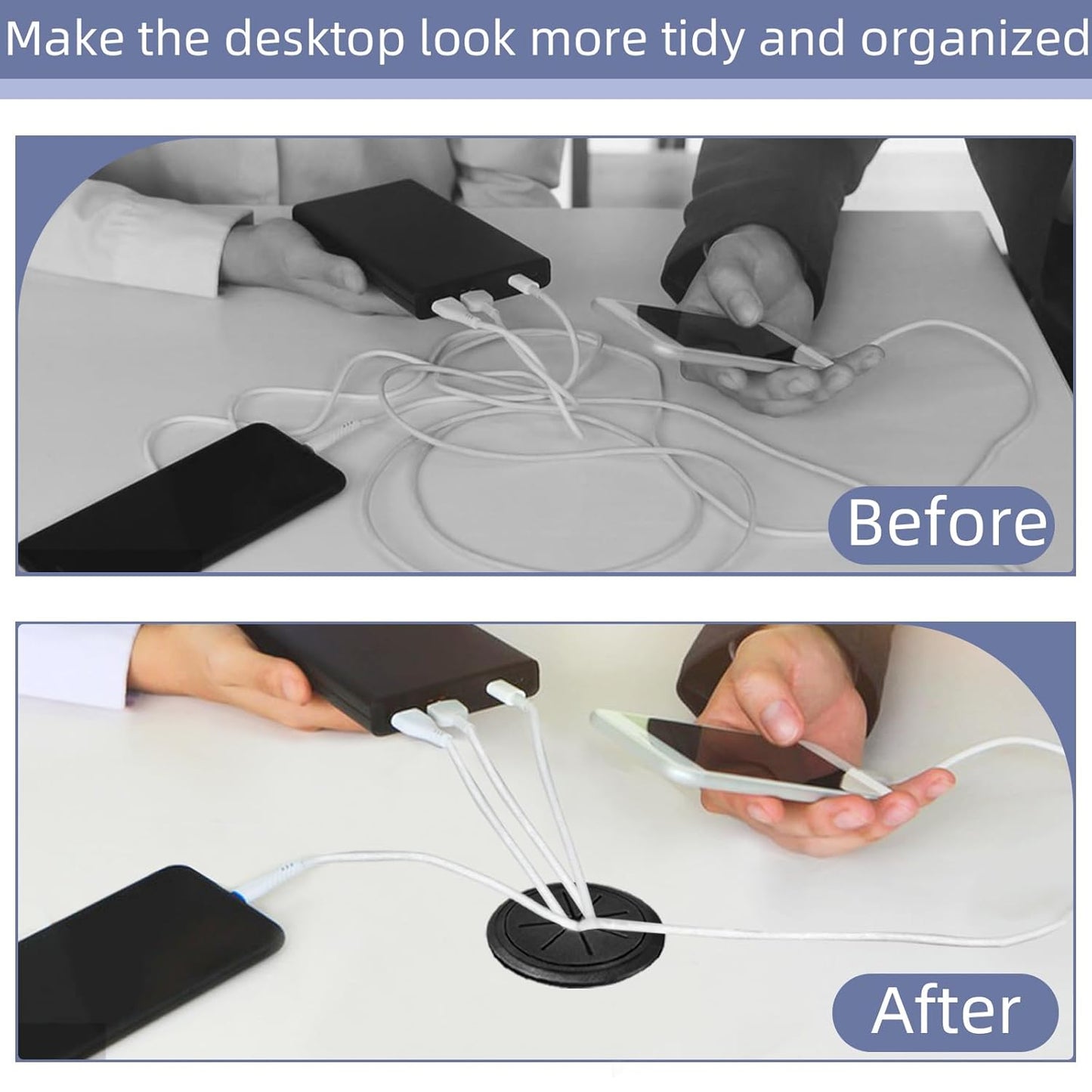 6-Pack Black Desk Grommet Cable Management Kit - 1.97 inch (5cm) Hole Cover,ABS Plastic Grommet Hole Cover Organizer for Office Computer Desk,Hide Cords Neatly