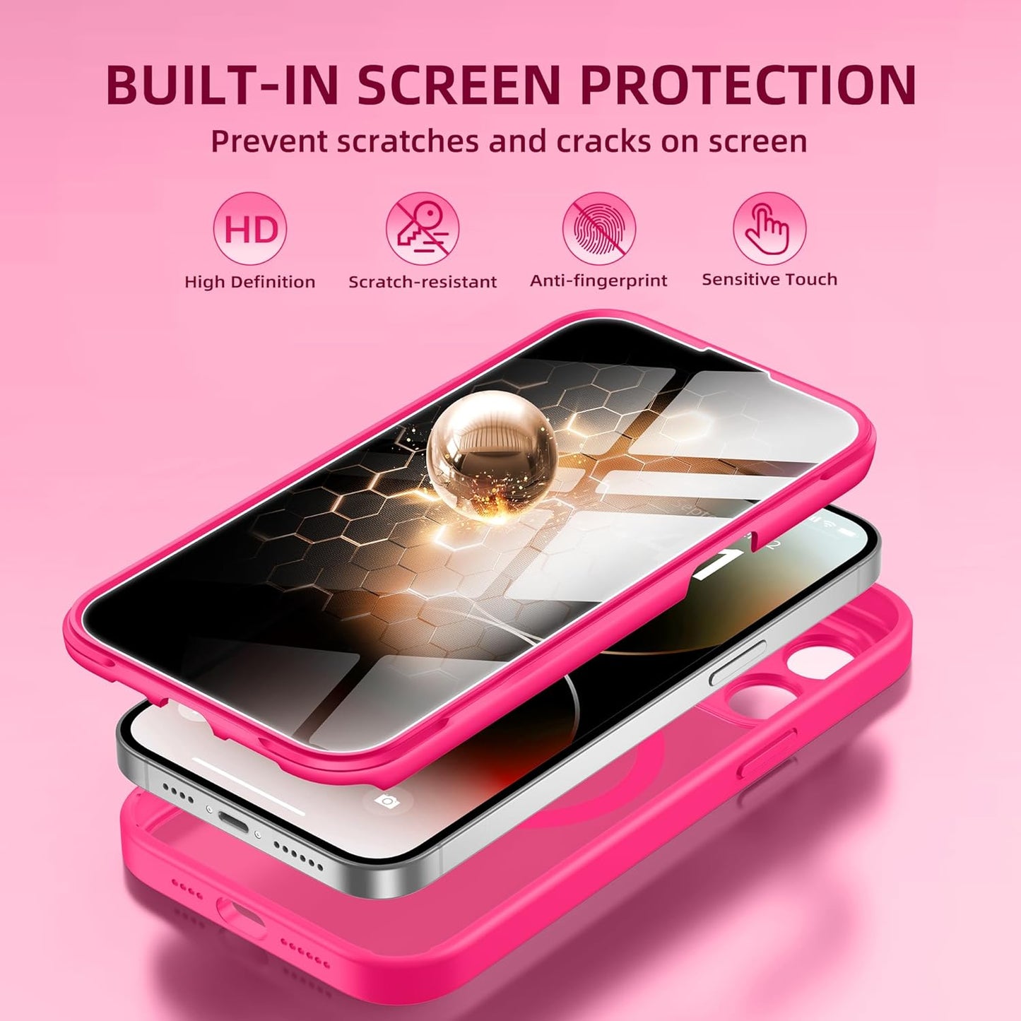 BERFY Magnetic for iPhone 14 Pro Max Case,Compatible with MagSafe,Built-in Privacy Screen Protector and Upgraded Camera Protection,Anti-Spy Full Body Shockproof Phone Case for 14 Pro Max 6.7",Hot Pink