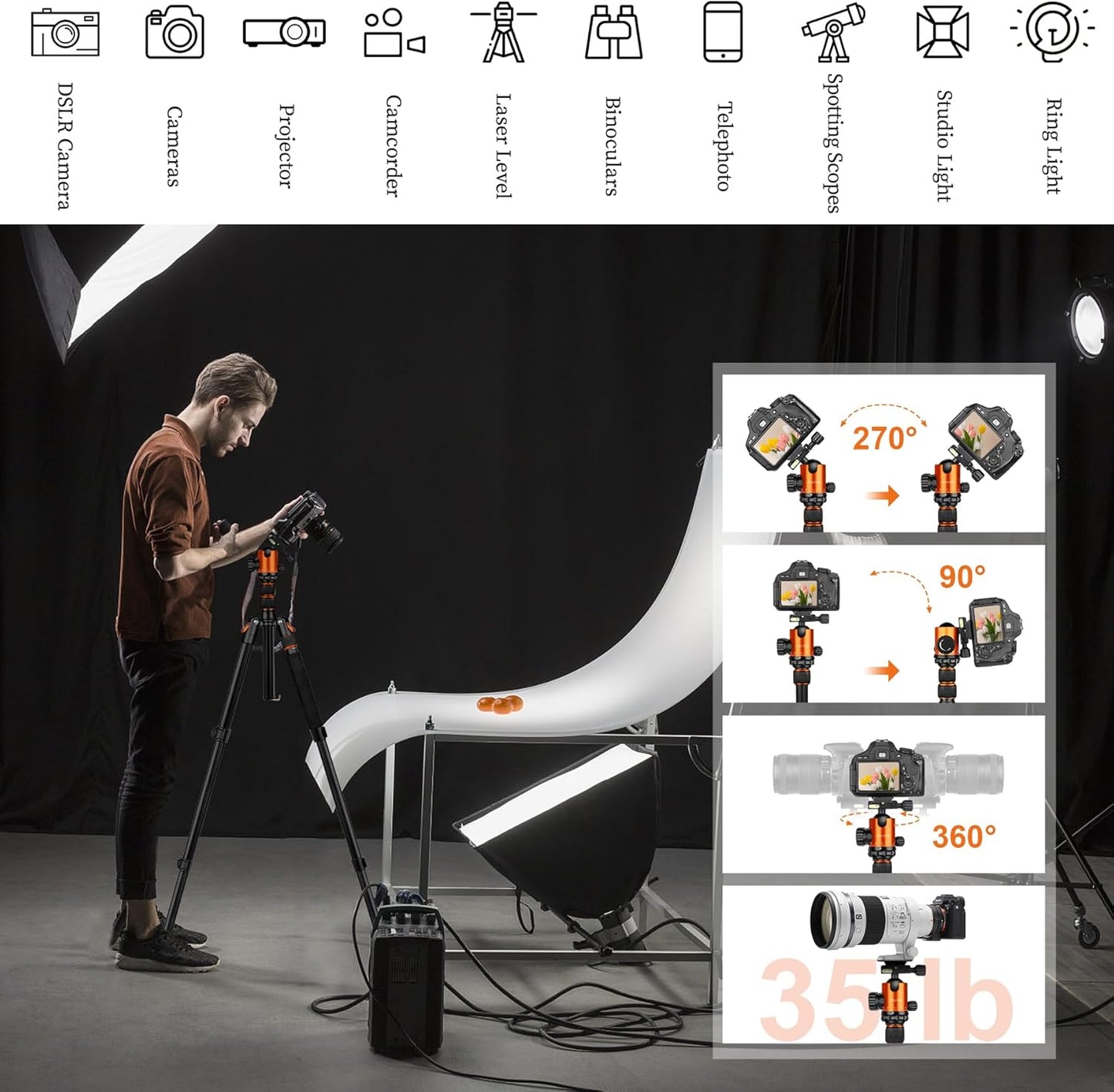 JOILCAN Tripod for Camera, 81" Aluminum Camera Tripod, 83" DSLR Tripods & Monopods, Heavy Duty Travel Tripod for Binoculars Spotting Scope Telescope, Professional Complete Tripod Units, Payload 35lb