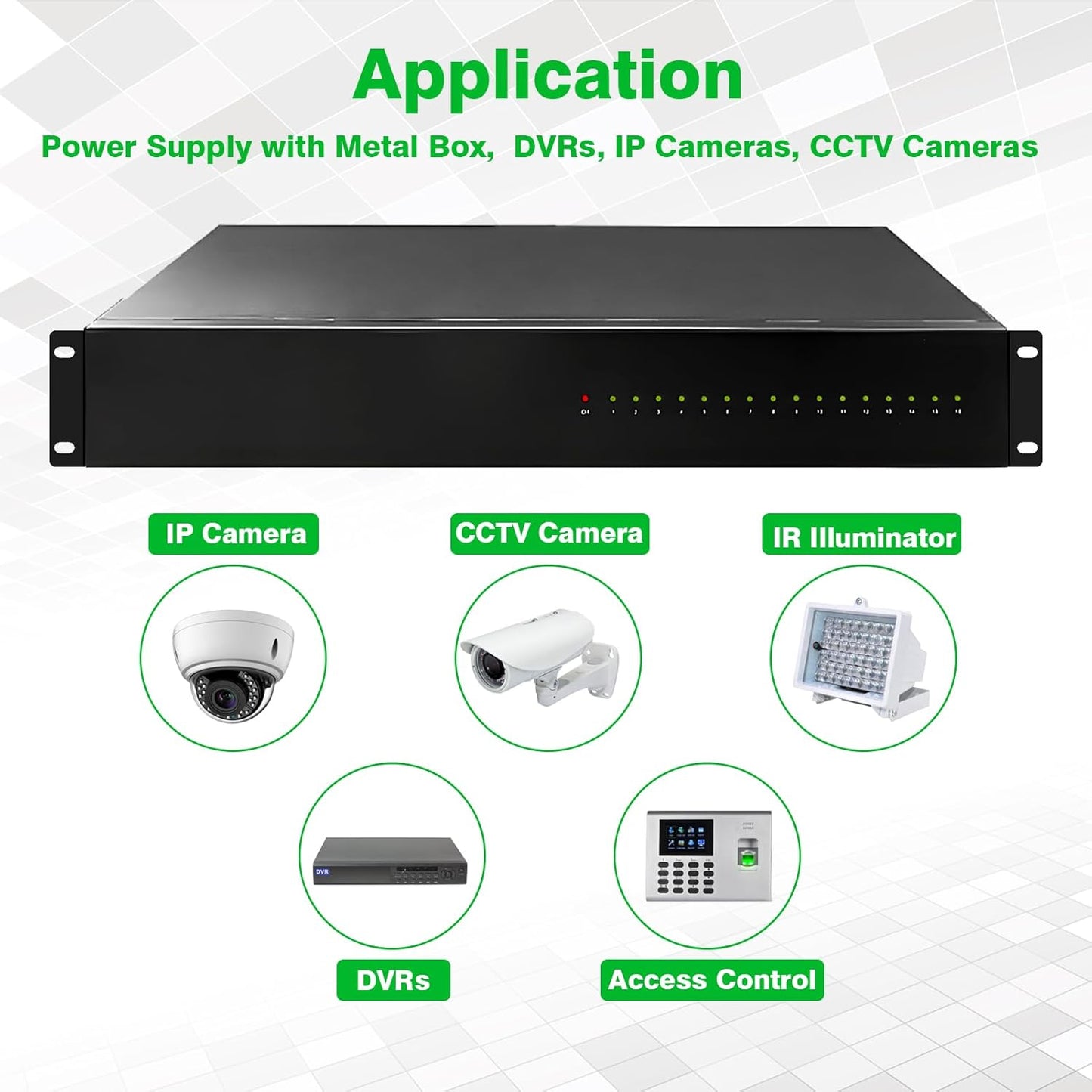 DC 16 Channel VBR CCTV 12V 20A Distributed Power Supply Rack Mount, PTC Reset Fuse,（UPS） Uninterruptible Power Supply System Function，Adjustable Output Voltage，for Security Cameras, DVR，NVR