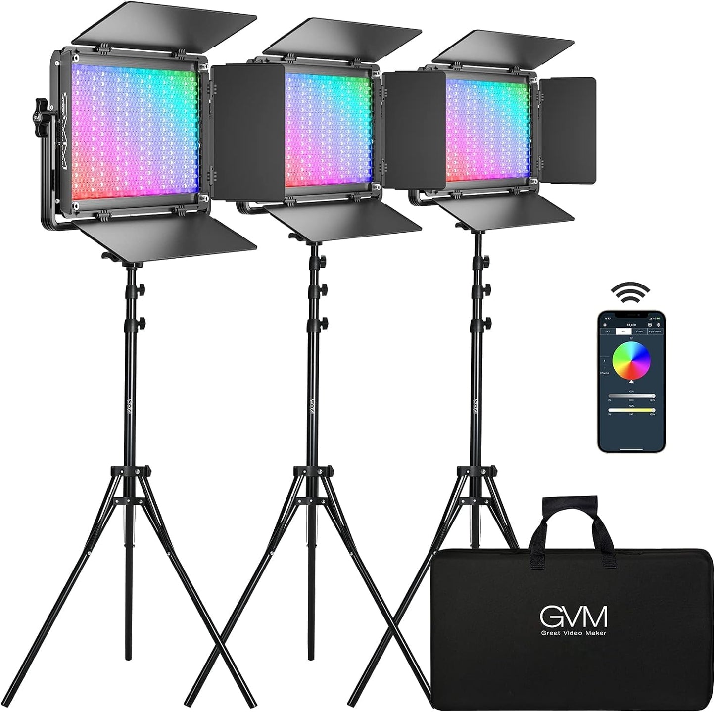 GVM 65W RGB Video Light with Bluetooth Control, 1300D LED Video Lighting Kit, 25000lux/0.5m, 360° Full Color Photography Lighting Kit, 3 Packs Led Panel Light for YouTube, Web Conference, Streaming