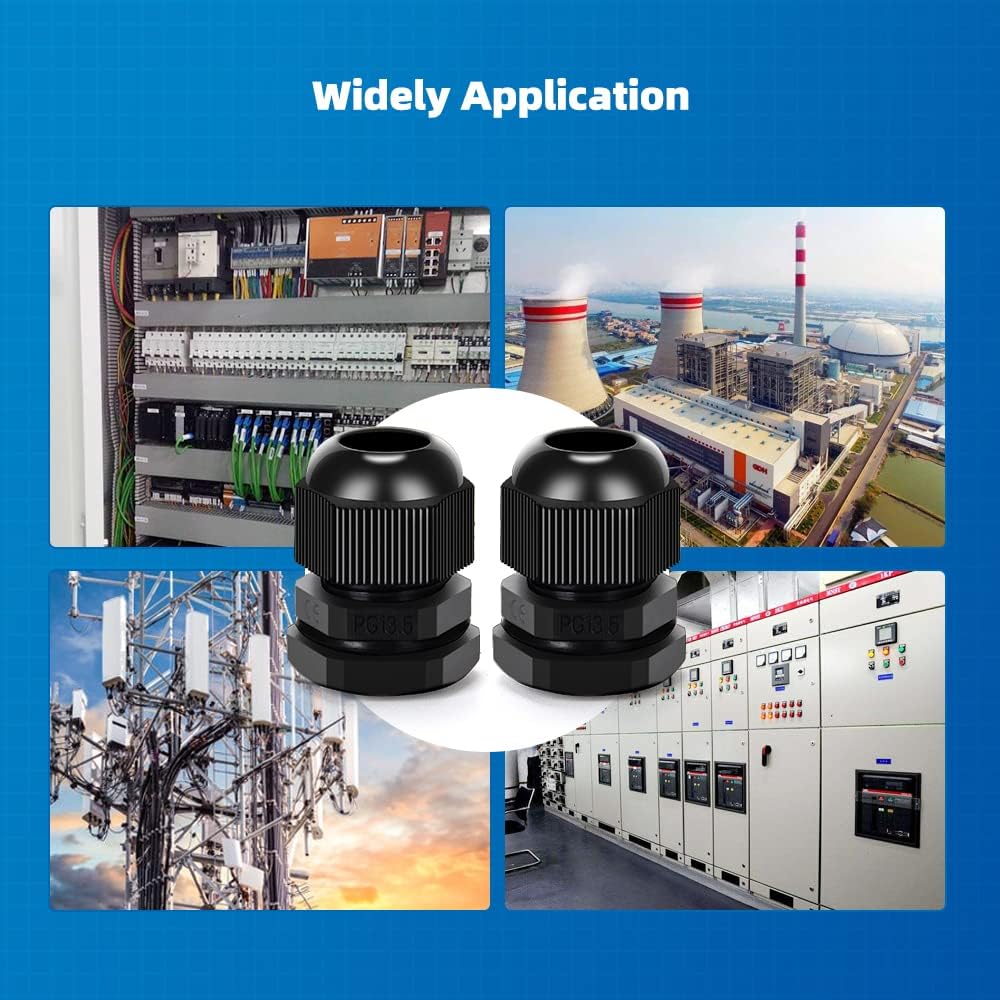 Cable Gland 20 Pack Plastic Waterproof Adjustable Connector 6-12mm PG13.5 Strain Relief Cord Connectors Joints Nylon with Gaskets