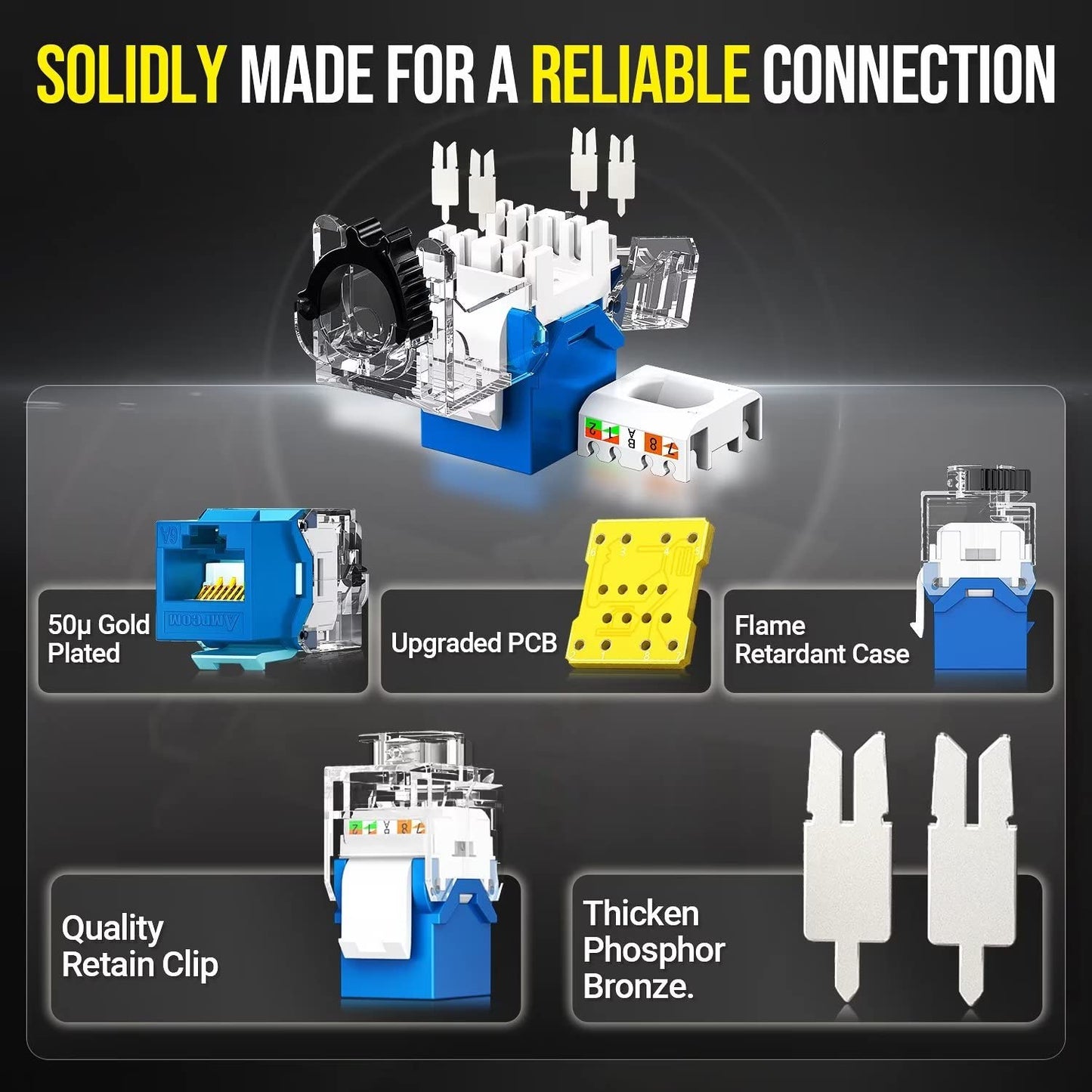 AMPCOM CAT6A UTP RJ45 Keystone Jack 50u Gold Plating Reusable Ethernet Wall Jack with Adjustable Ratchet Lock (No Tool and Zip Tie Required) - Blue (12-Pack)