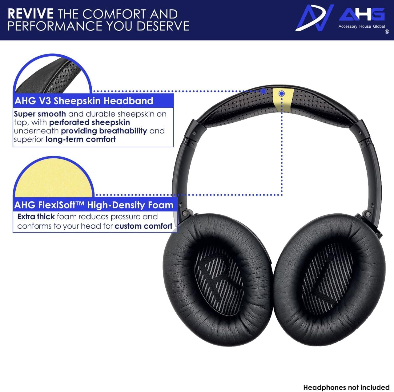 AHG Sheepskin QC35 ii Headband / QC35 Headband pad Cushion Cover. Compatible w/Bose QuietComfort 35 ii Headphones/QuietComfort 35 Headphones (Black). Premium Sheepskin Leather/High-Density Foam