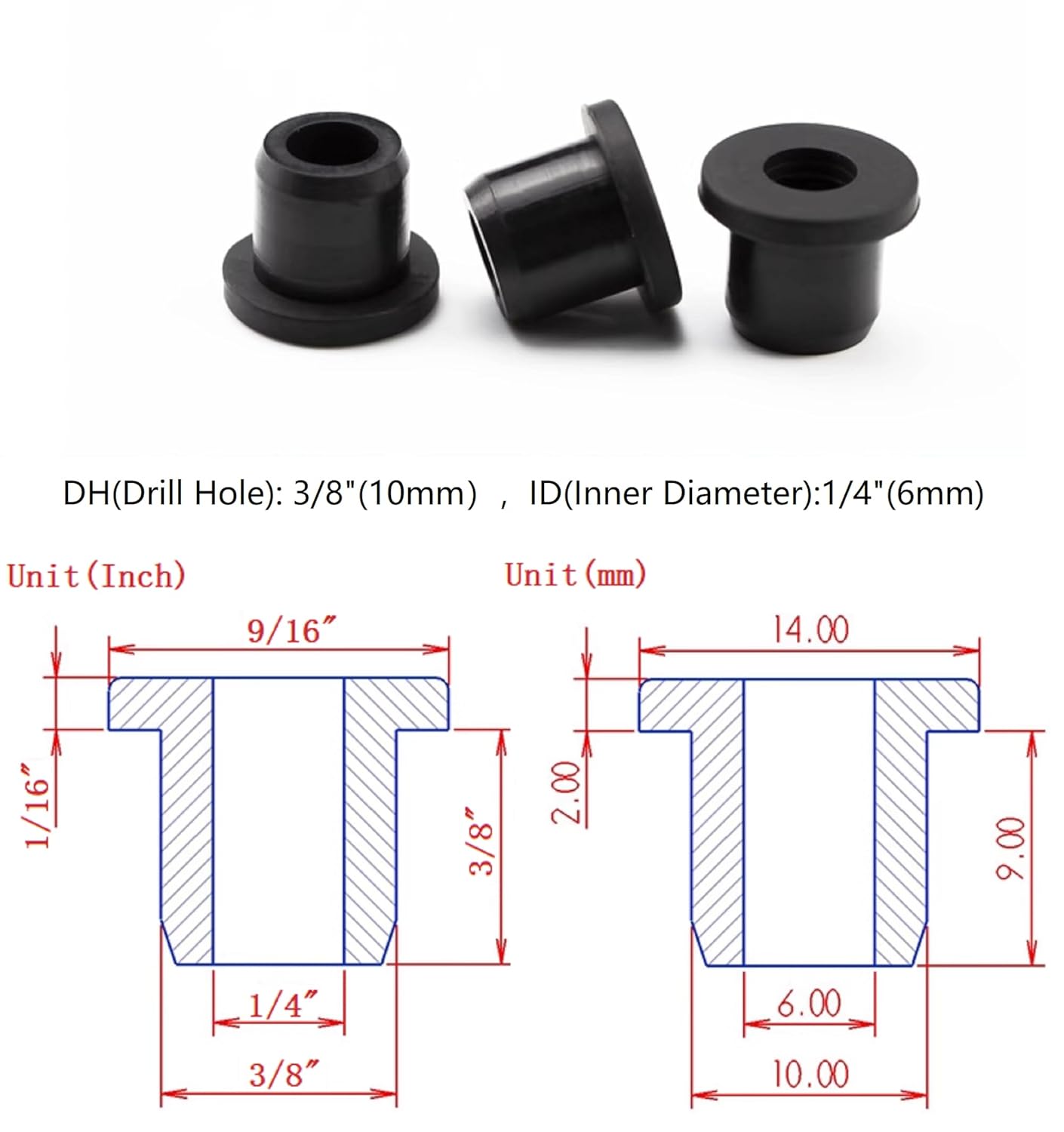20 pcs 3/8" Drill Hole，1/4" ID Black Silicone Top hat Rubber Grommets for Wiring，Automotive，Firewall，Hole Plug，Desk，Screw，Water and Gas Pipe，Drain，House Siding，Cable Bushing，Glass，Wire Plug