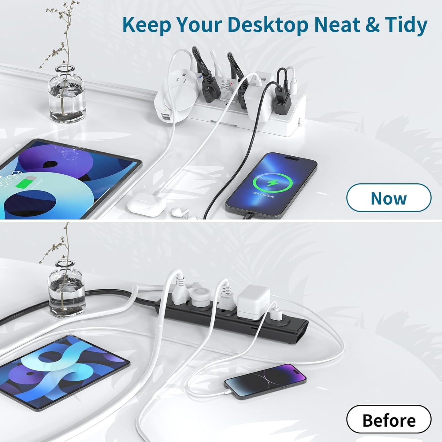 40W Fast Charging Station, Desk Clamp Power Strip, JXGUCAT Removable Desk Clamp Mount Power Strip Surge Protector, 2 USB-C Ports, 6 AC Outlets and 10ft Cord, Fits 1.8" Tabletop Edge