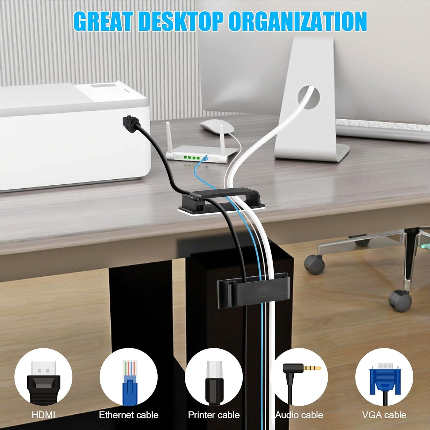 XHF 80 PCS Self Adhesive Cable Clips(XL) Black,Wire Clips Cable Management Wire Organizer Cord Holder for Under Desk, Car, Wall, TV PC Ethernet Cable