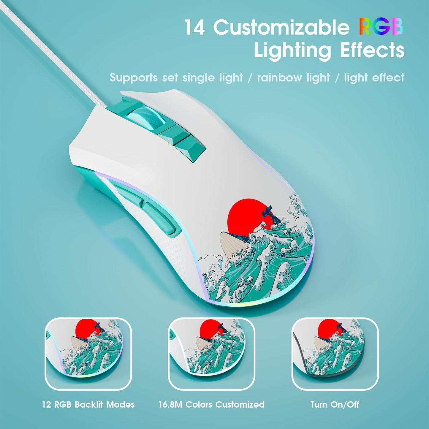 HITIME XVX Wired Gaming Mouse, 12000 DPI RGB Mouse with 12 Backlit Modes & 7 Macro Buttons, PC Gaming Mice Support DIY Keybinding, Gamer Computer Mice for Laptop PC Mac Windows, Coral Sea