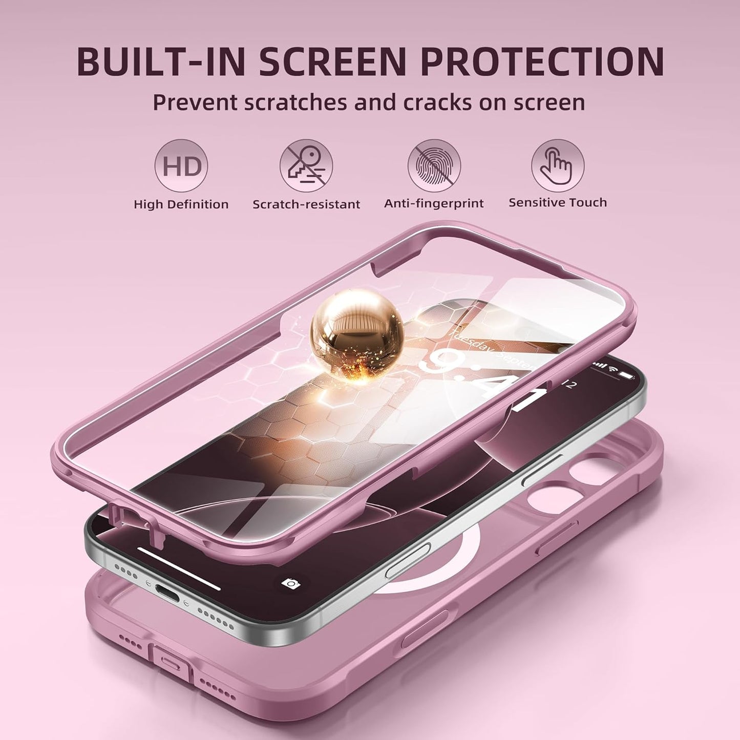 BERFY Magnetic for iPhone 16 Pro Max Case, Compatible with MagSafe, [Built-in 9H Tempered Glass Screen Protector & Camera Protection] Full Body Matte Phone case for 16 Pro Max, Palevioletred