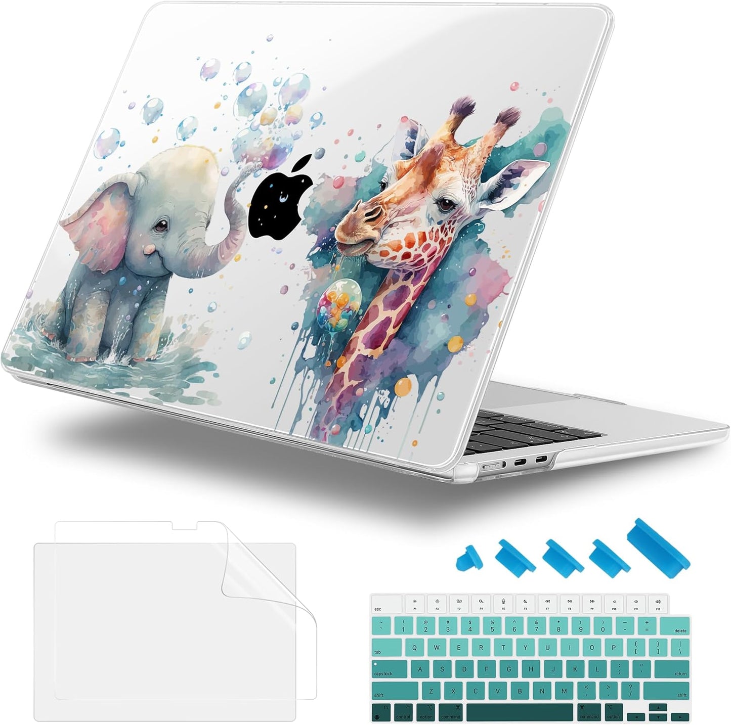 Case for MacBook Air 15 Inch 2025 2024 2023 Release M4 A3241 M3 A3114 M2 A2941, Hard Shell with Screen Protector & Keyboard Cover, Compatible with Touch ID - Elephant & Giraffe