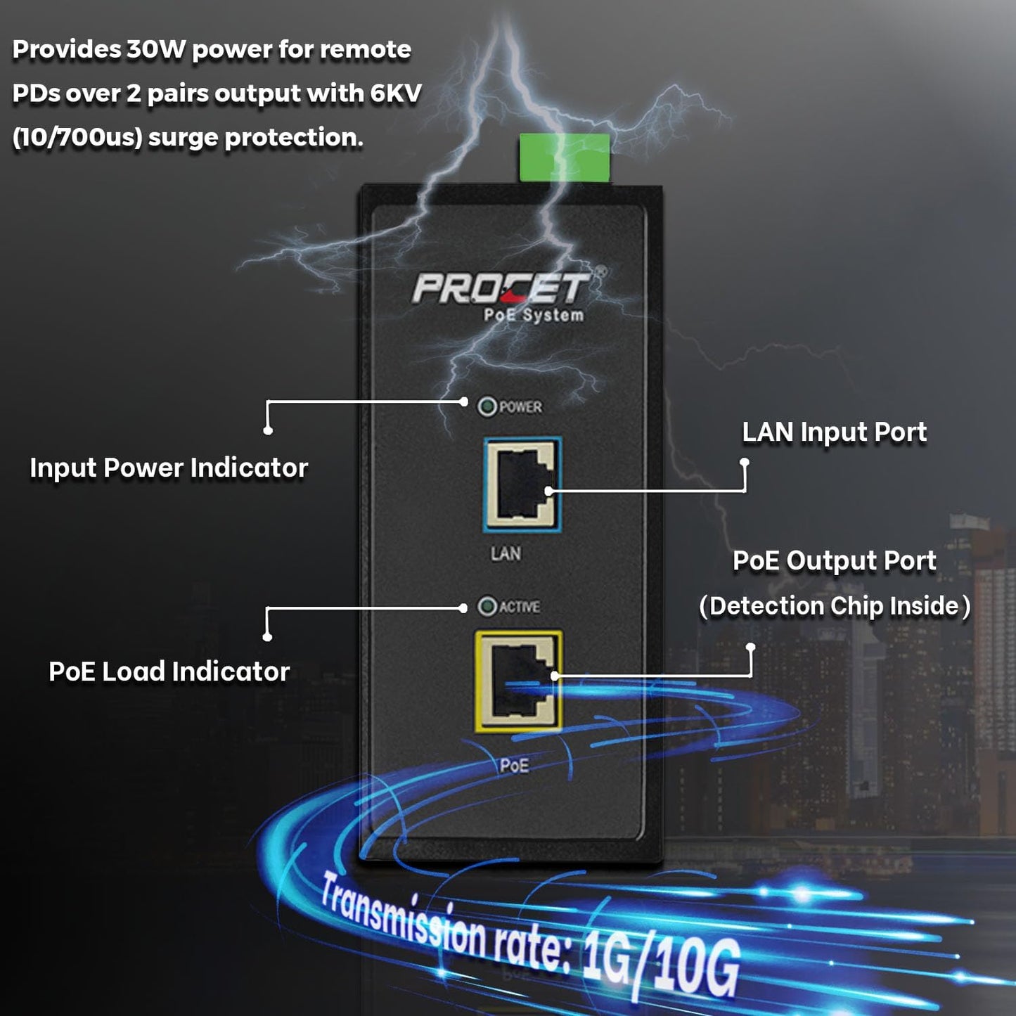 PROCET 10 Gbps Gigabit PoE+ Injector Din Rail, 30W Industrial PoE Adapter with Wide Temp -40°F to 149°F, 6KV Surge Protection, AC/DC Input, IEEE802.3af/802.3at, PT-PSE105G-AC-10