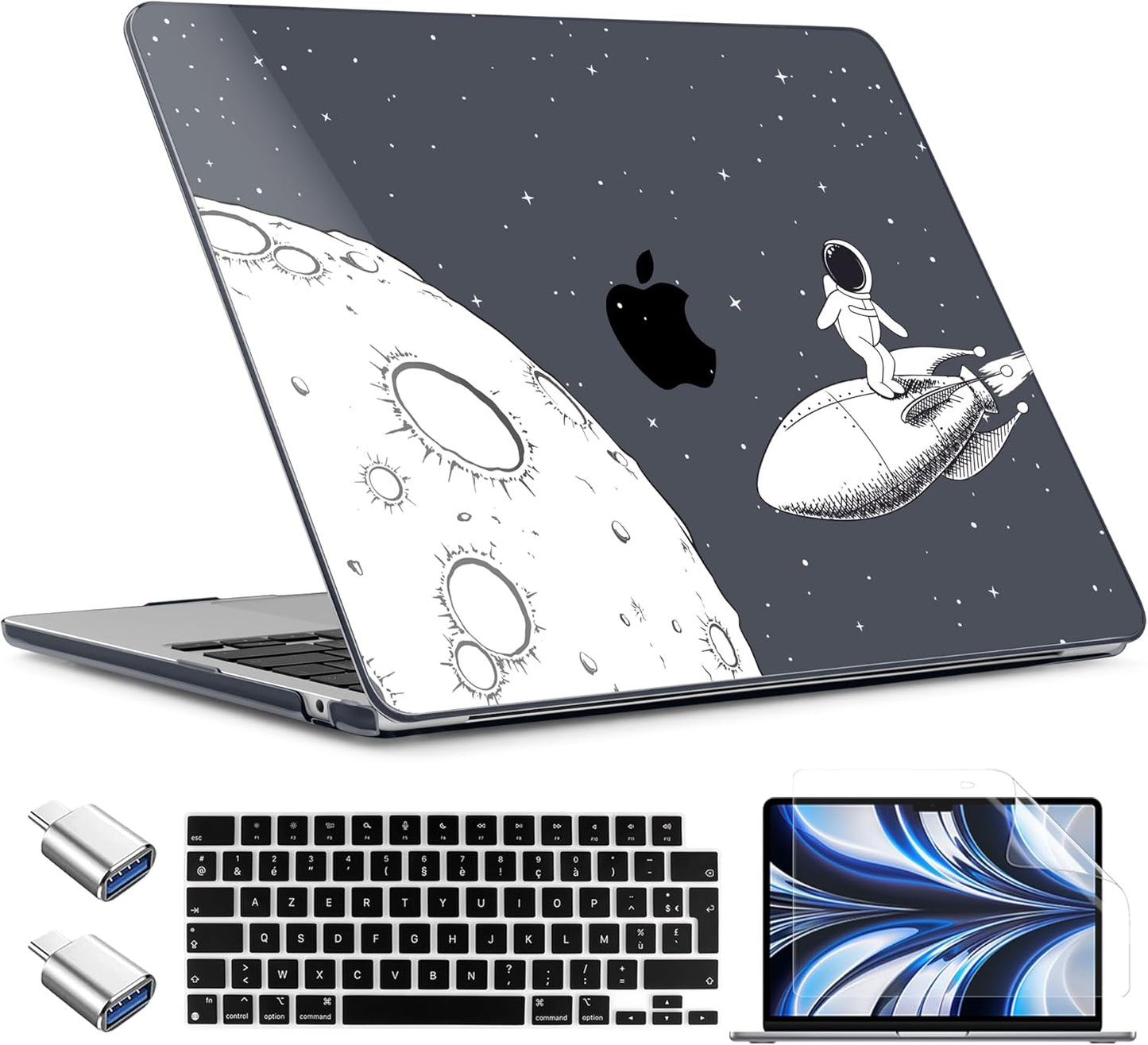 TWOLSKOO Compatible with M4 MacBook Air 15 inch Case 2025-2023 Released Model M4 A3241 M3 A3114 M2 A2941, Plastic Hard Shell & Screen Protector & Keyboard Cover & Type C Adapter, Flying Astronauts