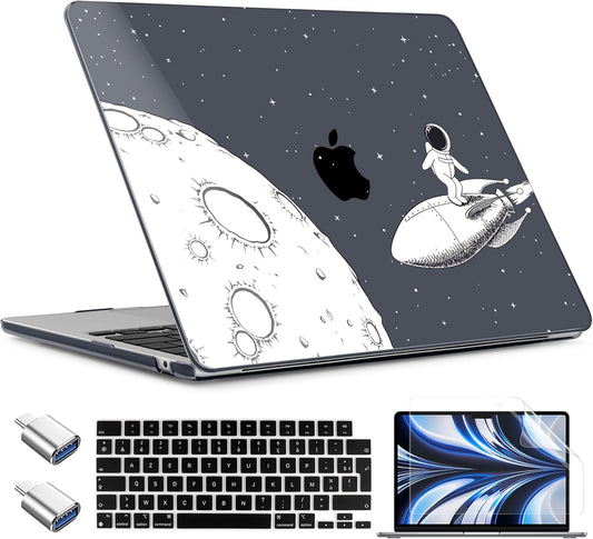 TWOLSKOO Compatible with M4 MacBook Air 15 inch Case 2025-2023 Released Model M4 A3241 M3 A3114 M2 A2941, Plastic Hard Shell & Screen Protector & Keyboard Cover & Type C Adapter, Flying Astronauts