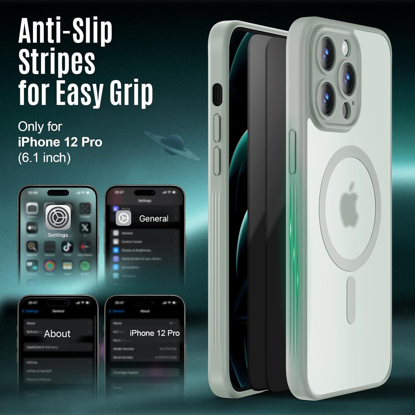 Designed for iPhone 12 Pro Case, Compatible with MagSafe, with Privacy Screen Protectors X2, [Camera Protection] [15FT Military Drop Protection] Shockproof Phone Case, 6.1", Calke Green