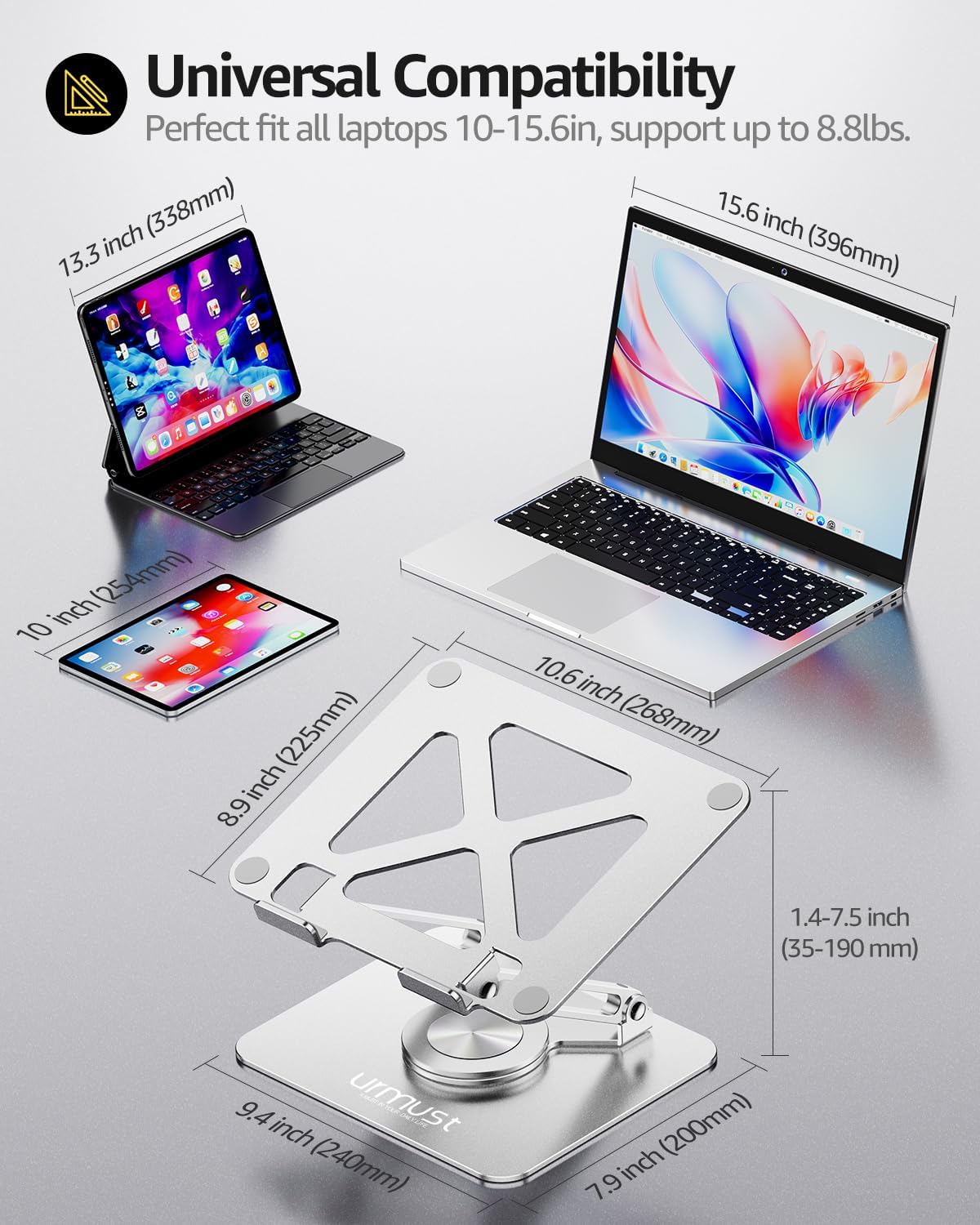 Urmust Laptop Stand for Desk with 360 Rotating Base, Ergonomic Adjustable Laptop Riser for Laptops 10 to 16 Inches