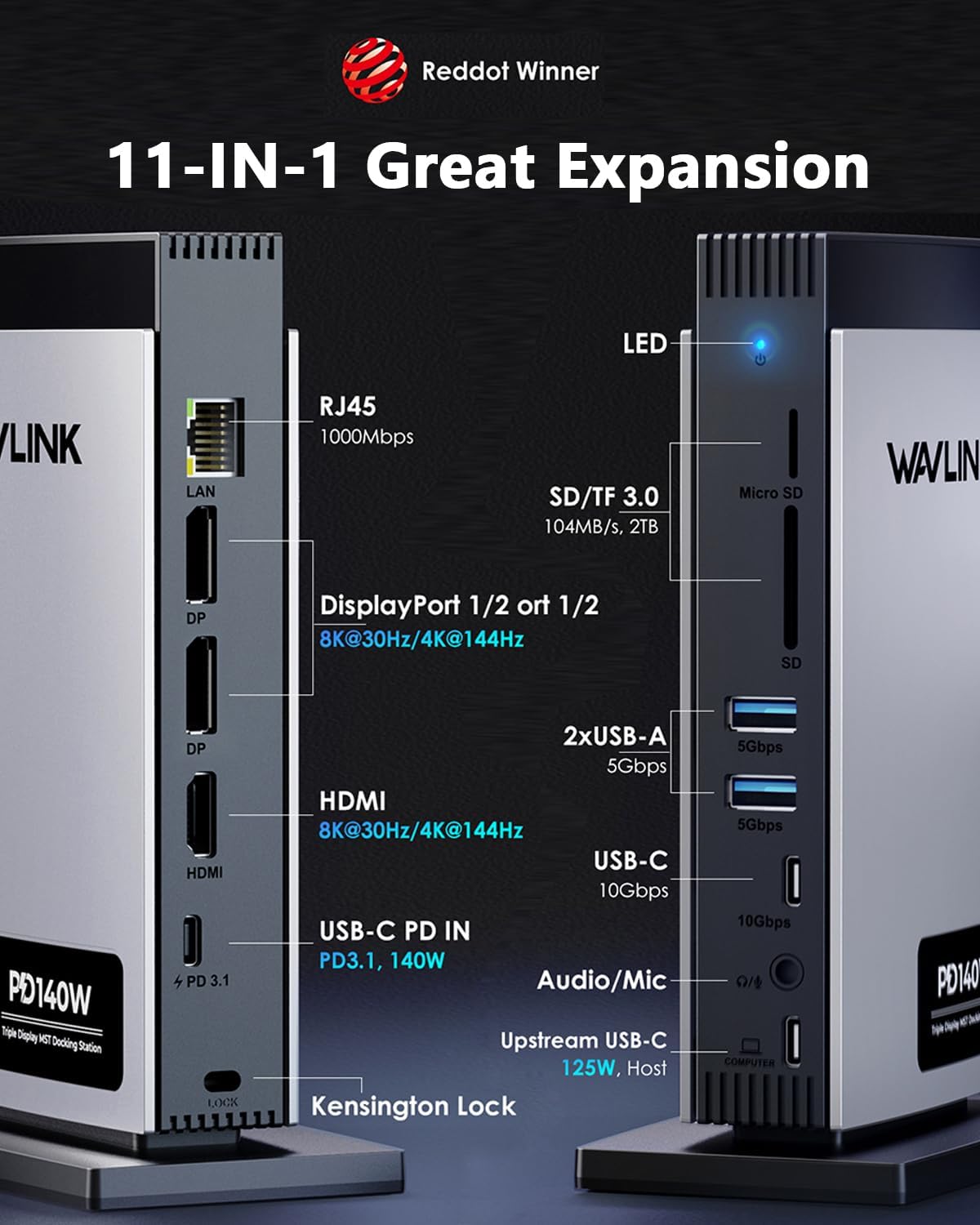 WAVLINK Laptop Docking Station 3 Monitors(Max Resolution: Single 8K or Triple 4K), 11-in-1 USB C Docking Station with 125W PD3.1 Pass-Through & Power Adapter, HDMI + 2* DP, for MacBook M1–M4 & Windows