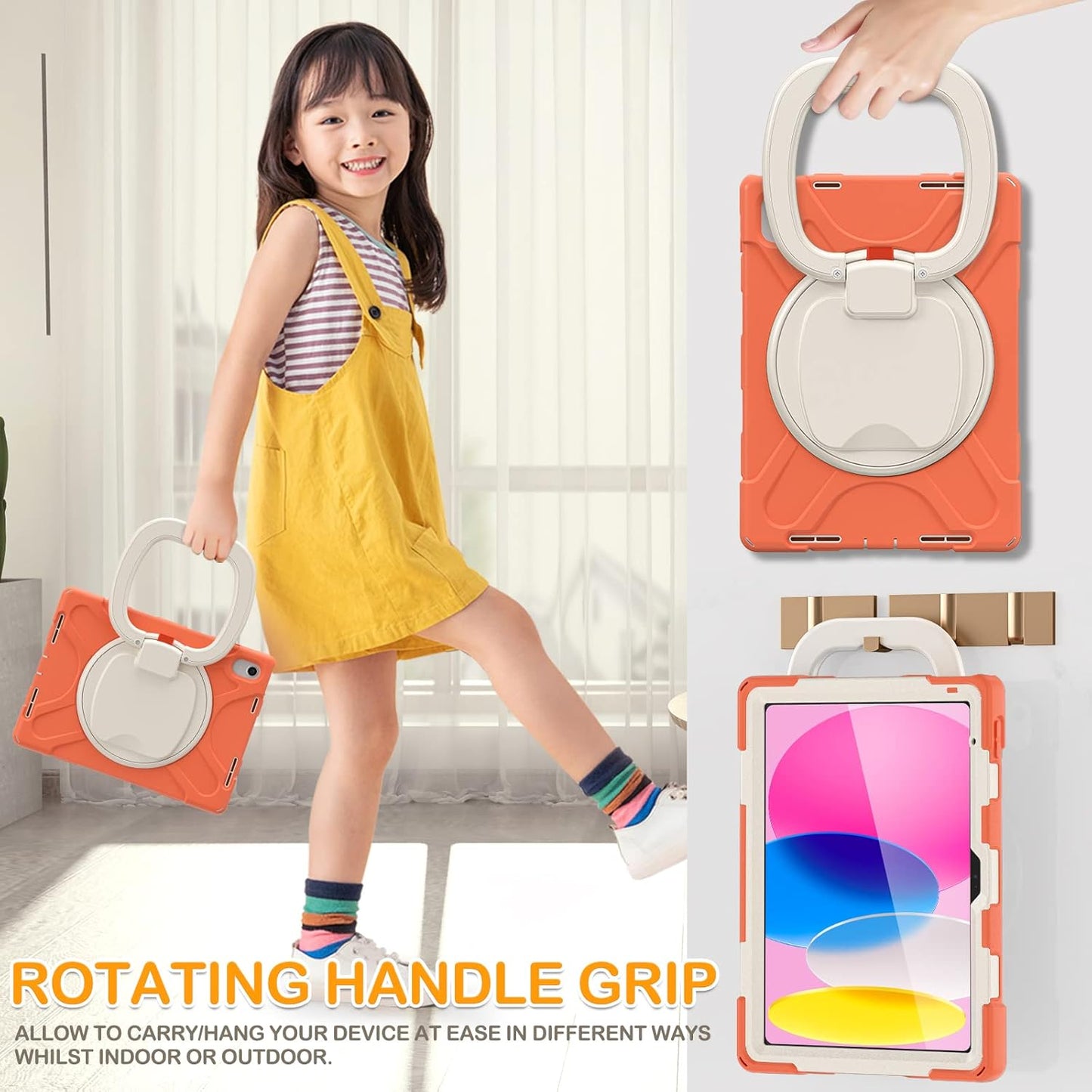 BRAECN Kids Case for iPad (A16) 11th/10th Generation 11”/10.9'' 2025/2022, Rugged Silicone Cover with Screen Protector/Swivel Ring Stand/Kickstand/Handle Grip/Carrying Shoulder Strap, Coral Orange