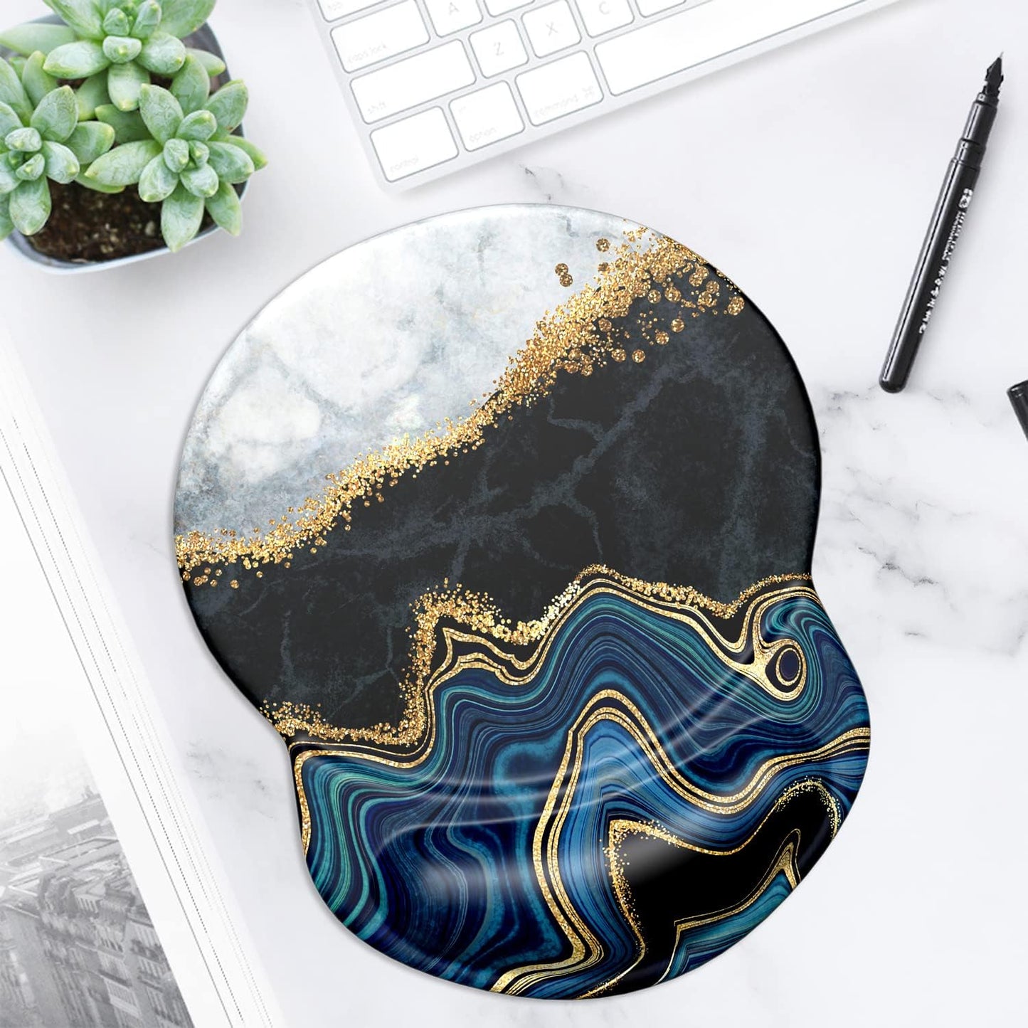 ITNRSIIET Ergonomic Mouse Pad with Gel Wrist Support Small Wrist Rest Smooth Surface Non-Slip PU Base Comfortable Office Supplies Pain Relief, 8.7 x 7.2 inches, Abstract Art Marble