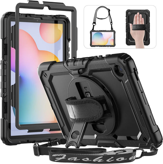 HXCASEAC Case for Samsung Galaxy Tab S6 Lite 10.4 inch, Protective with Screen Protector/Hand Strap/S Pen Holder, Shockproof S6 Lite Tablet Case 2024/2022/2020 SM-P610 SM-P613 SM-P620 - Black