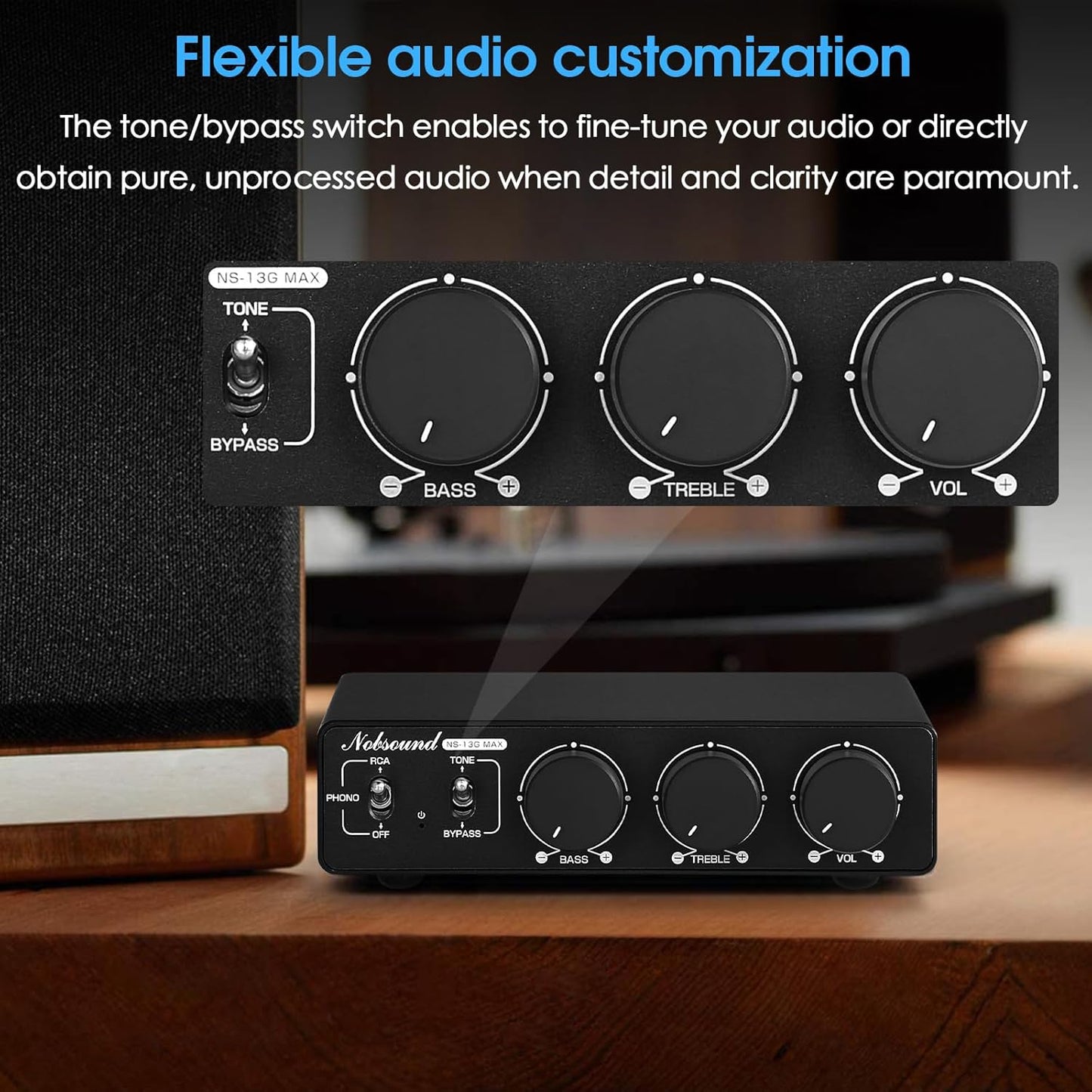 Douk Audio NS-13G MAX 300Wx2 Stereo Amplifier with Phono Input - HiFi Class D Mini Power Amp for Home Theater, Turntables, Studio Monitor | TPA3255 Chip, RCA/MM Inputs, Bass/Treble Control (DC 48V)