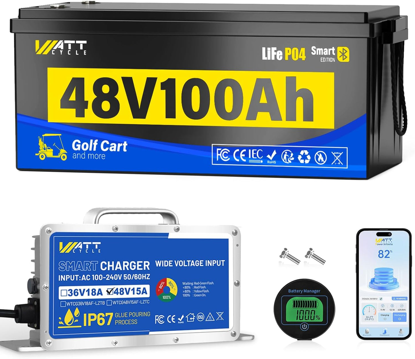48V 100Ah Lithium LiFePO4 Battery for Golf Cart with 48Volt 15A Charger, Lithium Deep Cycle Batterys with Bluetooth and Monitor, BMS 200A, 5.12kWh Output, 600A Peak Current