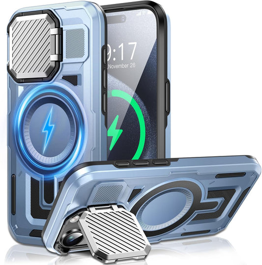 Camera Stand Case for iPhone 15 Pro, [Compatible with MagSafe] [Lens Cover] 2024 Version Military Grade Protective Soft Case for iPhone 15 Pro 6.1 inch Men Women, Blue