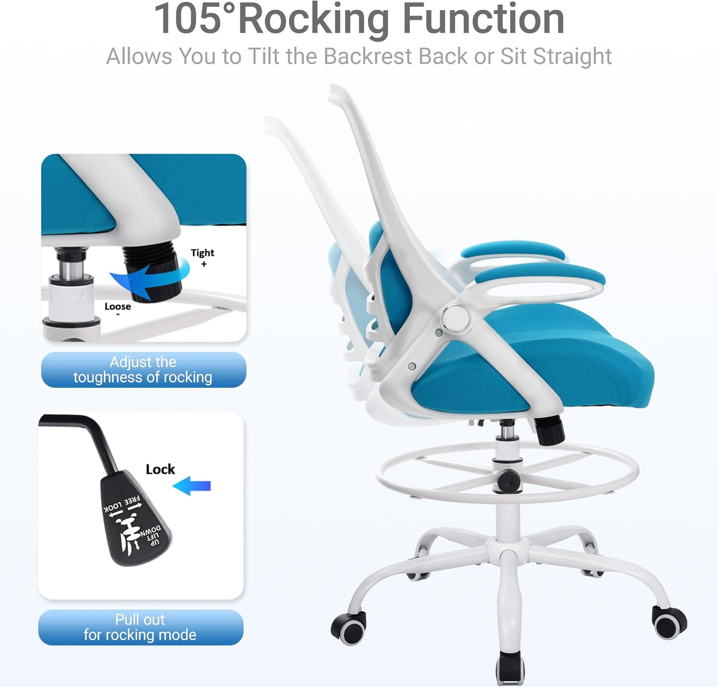 HYLONE 400lbs Heavy Duty Drafting Chair 5" Thickened Seat Office Chair with Flip-Up Armrests Tall Ergonomic Computer Chair with Lumbar Support and Adjustable Footrest Ring Standing Desk Chair (Blue)