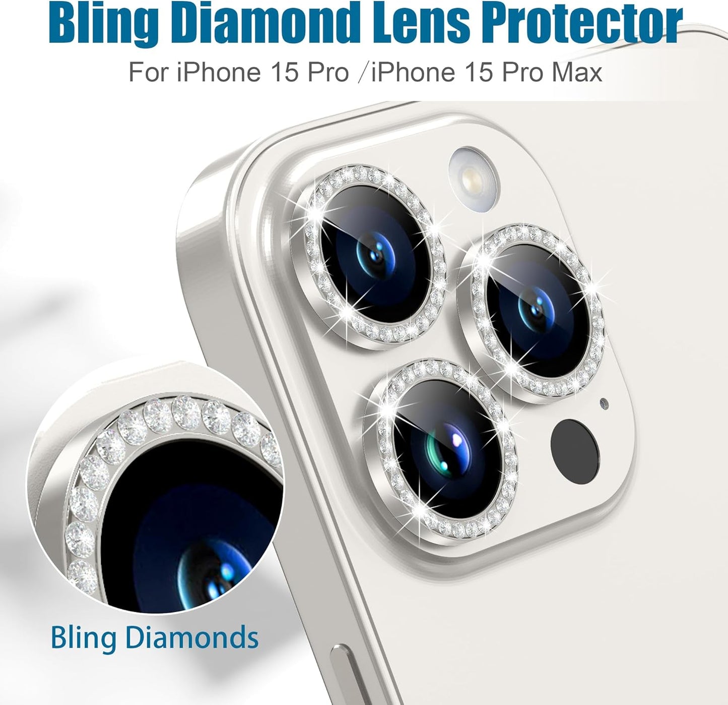 AGVEE 3+3 6 Pack for iPhone 15 Pro 6.1" / 15 Pro Max 6.7" Camera Lens Cover Protector, Bling Diamond & Bling Glitter Metal Ring 9H Tempered HD Glass Camera Cover Protector Film, Bling-Natural