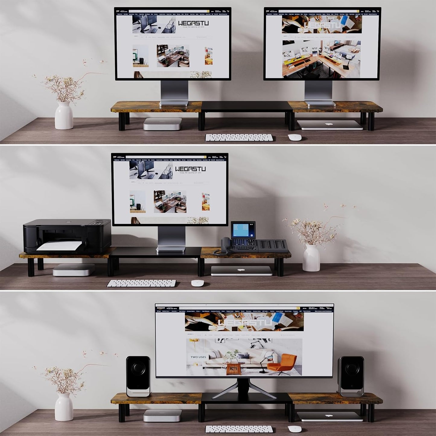 43.7" Extra Long Dual Monitor Stand Riser, Wood & Steel Monitor Stand for 2 Monitors, Wide TV Stand, Desktop Riser for Desk Organization, Home Office、Laptop,Printer,TV (Vintage black)