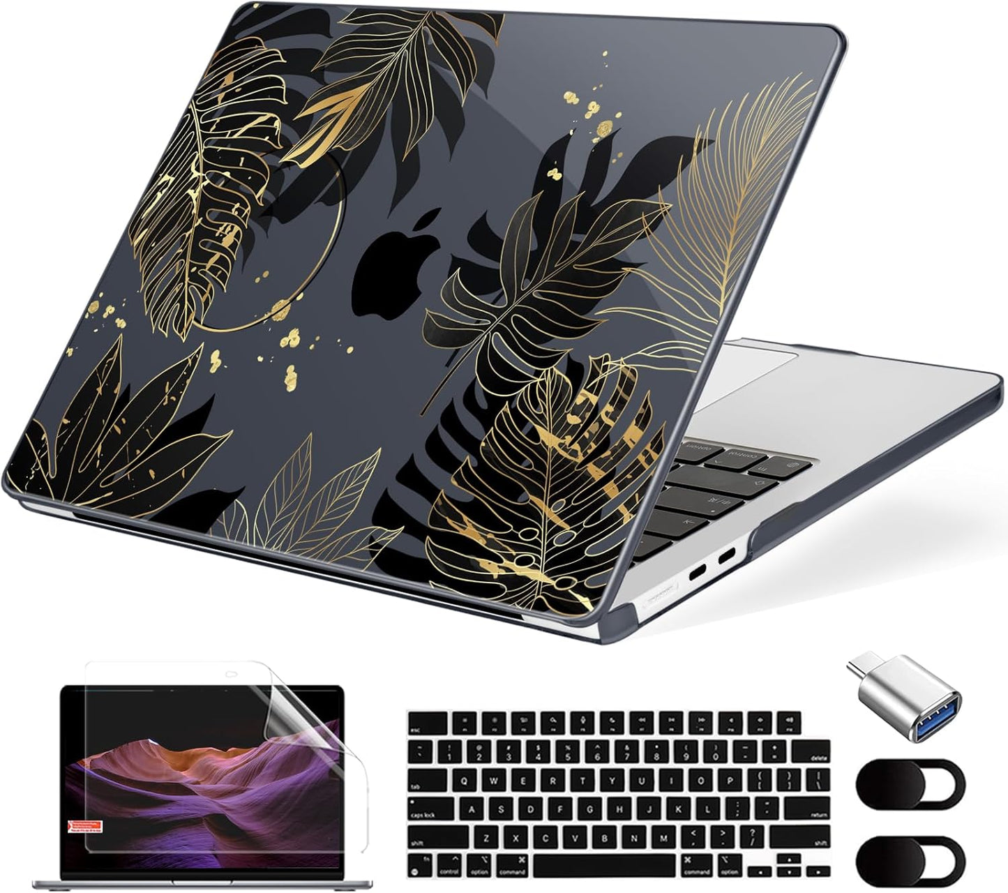 Compatible with MacBook Air 13.6 inch Case, M4 A3240/M3 A3113/M2 A2681 (Released 2025 to 2022), Hard Shell, Keyboard Cover, Screen Protector, Webcam Cover & Type-C Adapter, Gold Tropical Leaf