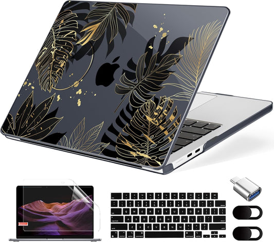 Compatible with MacBook Air 13.6 inch Case, M4 A3240/M3 A3113/M2 A2681 (Released 2025 to 2022), Hard Shell, Keyboard Cover, Screen Protector, Webcam Cover & Type-C Adapter, Gold Tropical Leaf