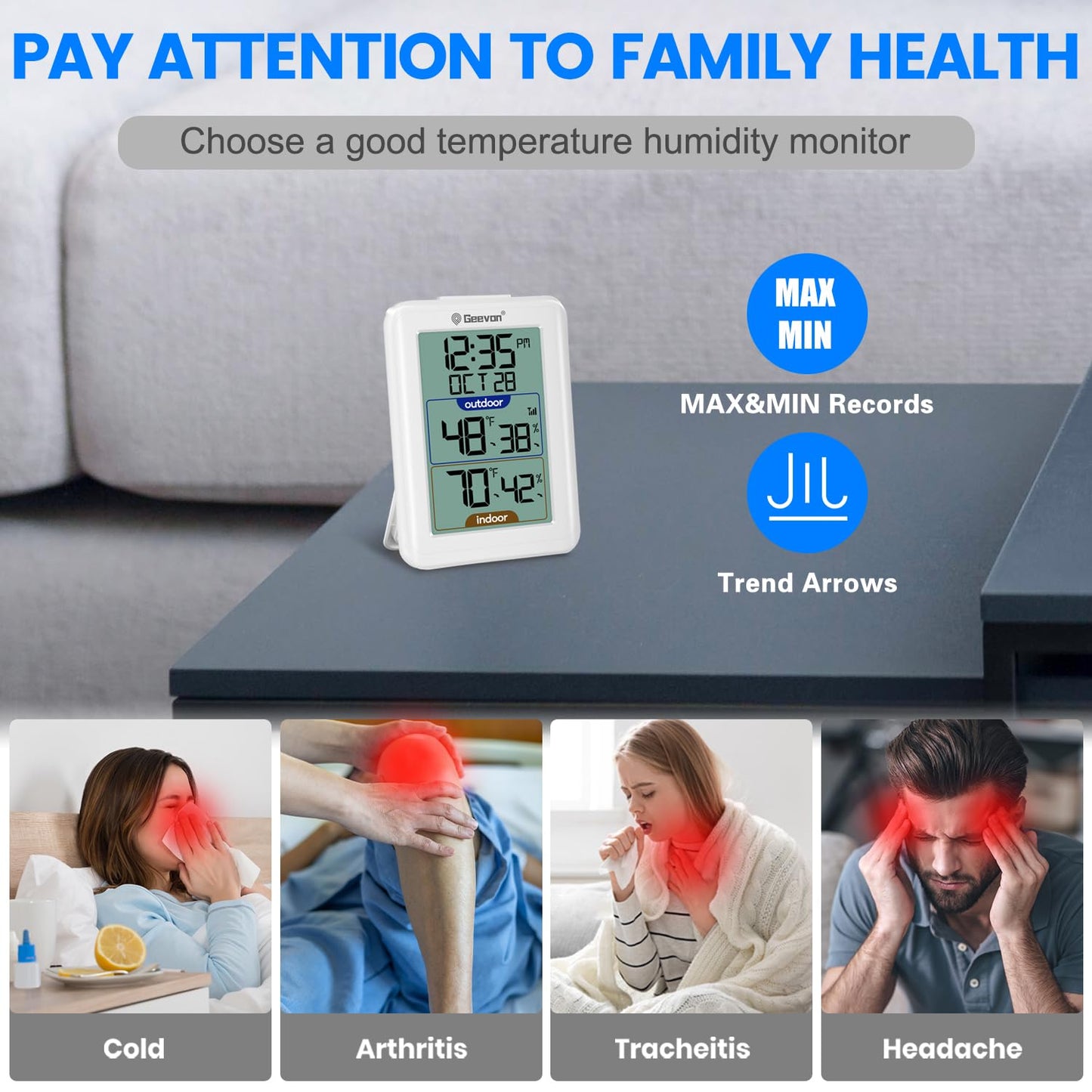 Geevon Digital Hygrometer Indoor Outdoor Thermometer Wireless with Clock, Backlight Temperature Gauge Humidity Monitor, Inside Outside Thermometer with 200ft/60m Range Remote Sensor,White