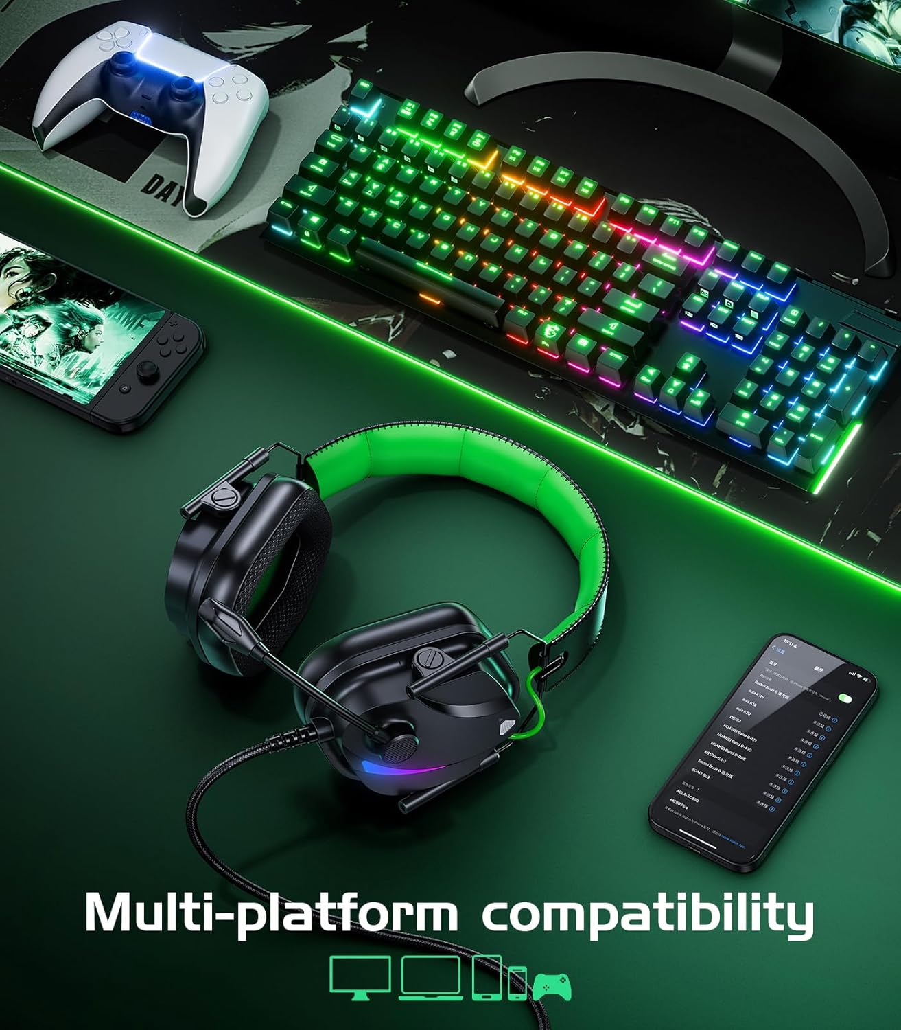 HW12 Gaming Headset for PC,PS5,PS4,Xbox One,Switch,Gaming Headphones with Microphone Wired Headset with 3.5mm Audio Jack (Black/Green)