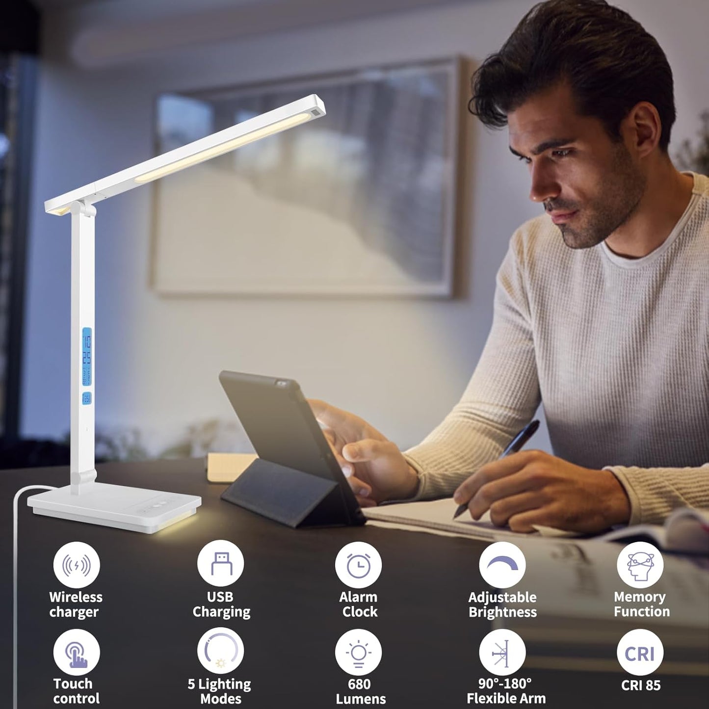 10 in 1 Smart Desk Lamp Led, Desk Light for Colleage Drom Room Office, Eye-Caring Table Lamp with Night Light, Lamp for Desk with 10W Wireless Charger, Dimmable Touch Lamp, Birthday Gifts for Women