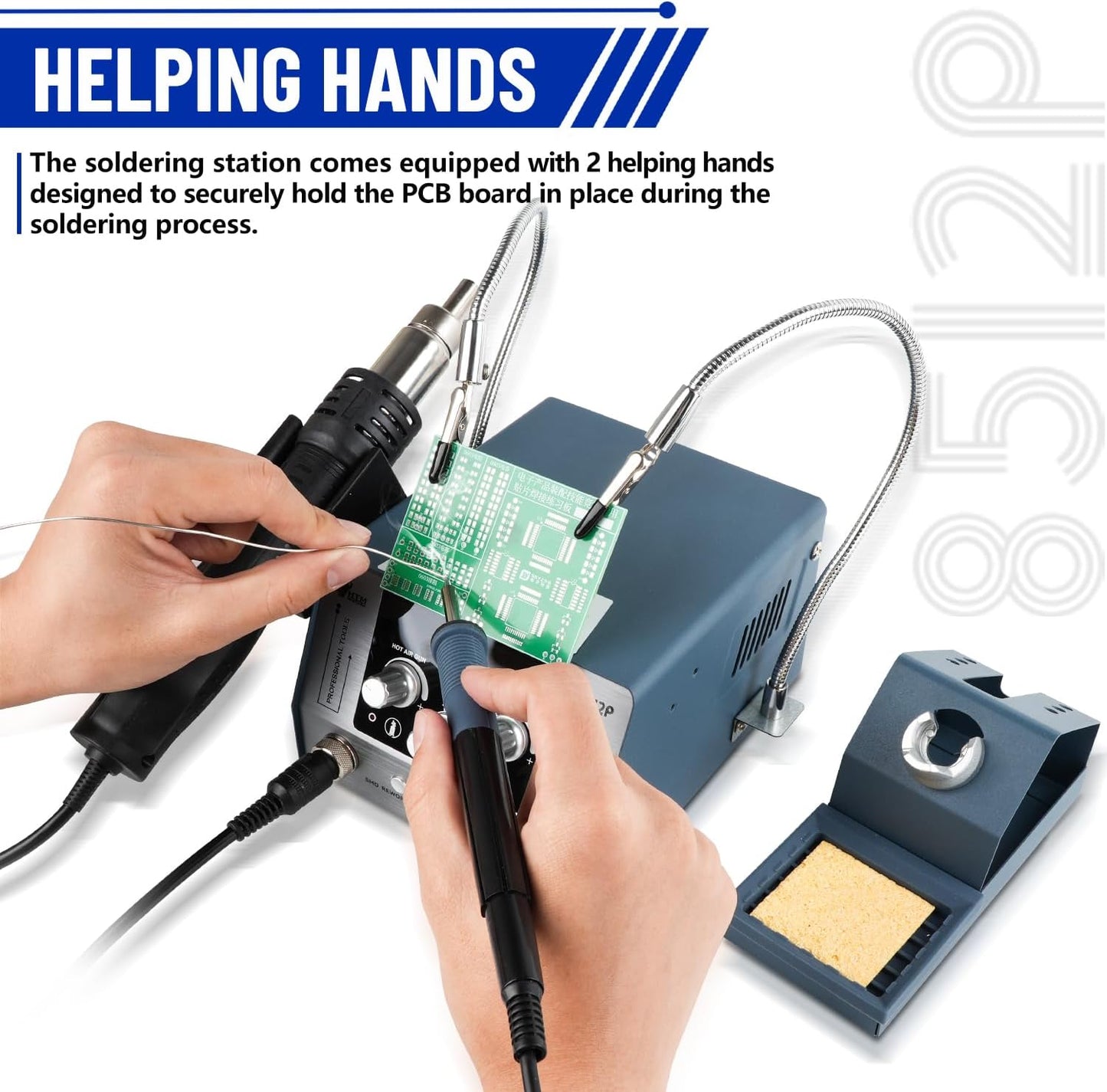 HengTianMei 720W Hot Air Soldering Station 2-IN-1 SMD Soldering Iron Station with 2 Helping Hands, 3 Soldering Tips, 5 Nozzles, Sleep Mode, Fast Heating, 392℉-932℉, for Electronics PCB Repair（8512P）