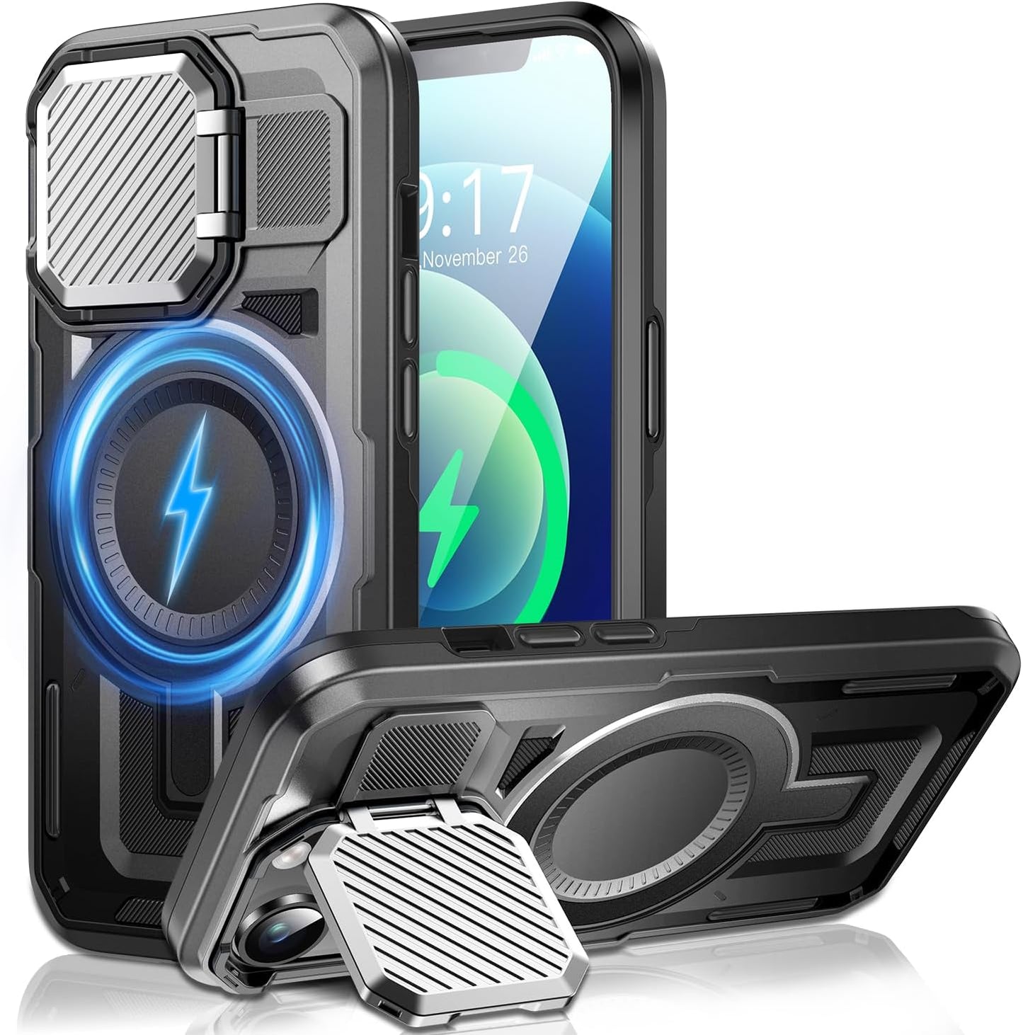 Camera Stand Case for iPhone 12/12 Pro, [Compatible with MagSafe] [Lens Cover] 2024 Version Military Grade Protective Soft Case for iPhone 12/12 Pro 6.1 inch Men Women, Black