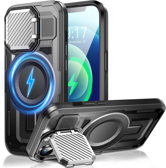 Camera Stand Case for iPhone 12/12 Pro, [Compatible with MagSafe] [Lens Cover] 2024 Version Military Grade Protective Soft Case for iPhone 12/12 Pro 6.1 inch Men Women, Black