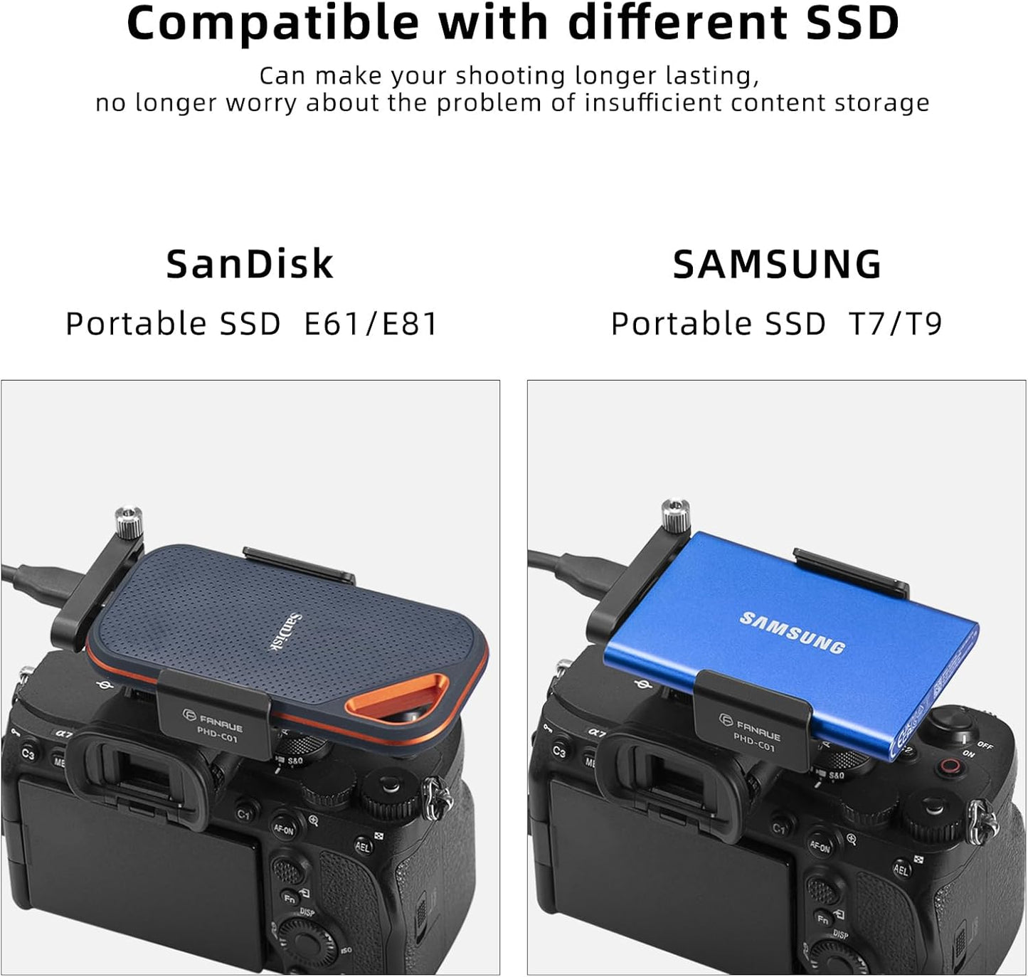 FANAUE SSD Mount Bracket SSD Holder with Cold Shoe Cable Clamp, 1.5"-2.1" for Samsung T5 T7 SSD SanDisk Compatible with BMPCC 4K /6K /6K Pro Camera Cage
