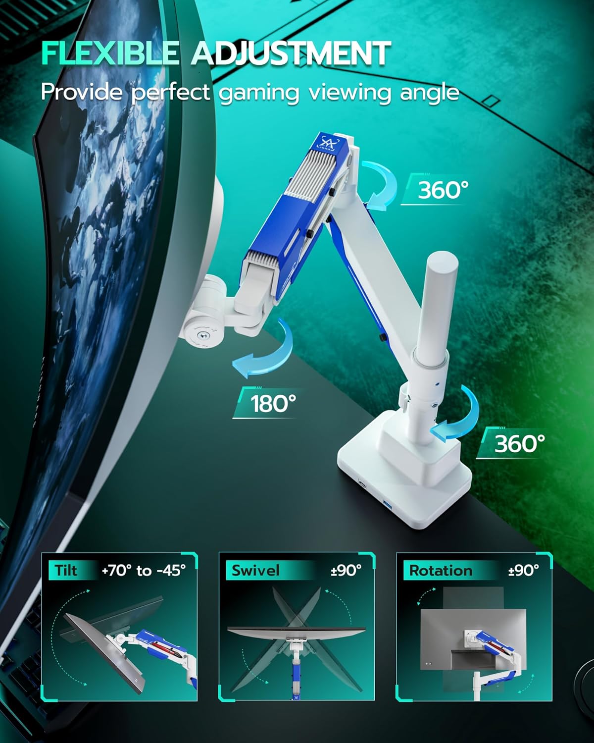 ARES WING Single Monitor Mount with USB, Ultrawide Monitor Arm for 24 to 57 Inch Heavy Duty Curved Screen, Adjustable Gas Spring Monitors Arm Stand up to 66LBS with 75/100/200 Vesa Mount, White