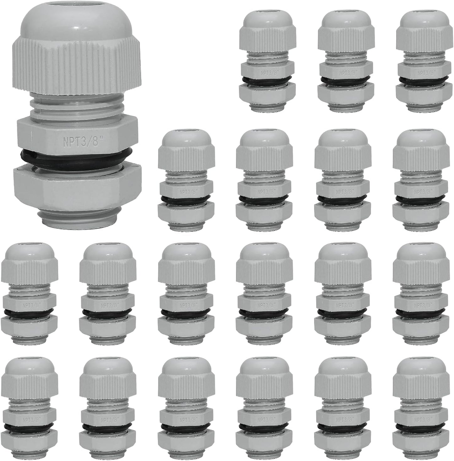 20 Pcs 3/8" NPT Nylon Cable Glands, IP68 Waterproof Adjustable Cord Grip Cable Connector Strain Relief Wire Protectors for 5-9mm Cable Diameter, Grey