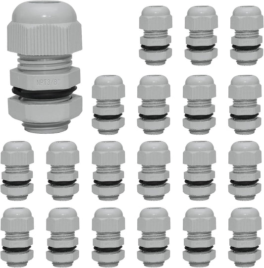 20 Pcs 3/8" NPT Nylon Cable Glands, IP68 Waterproof Adjustable Cord Grip Cable Connector Strain Relief Wire Protectors for 5-9mm Cable Diameter, Grey