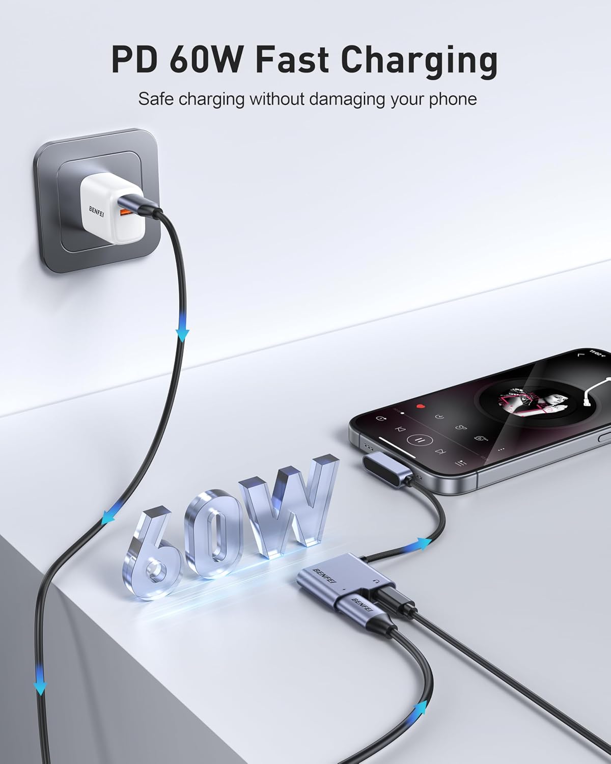 BENFEI USB C Splitter 1 in 2 Out Dual USB C Audio Jack Adapter with 60W Fast Charging, Type C Audio Headphone Compatible with iPhone 16/16 Pro/Pro Max, Samsung Galaxy S25/S24/S23 iPad Pro, Pixel 9