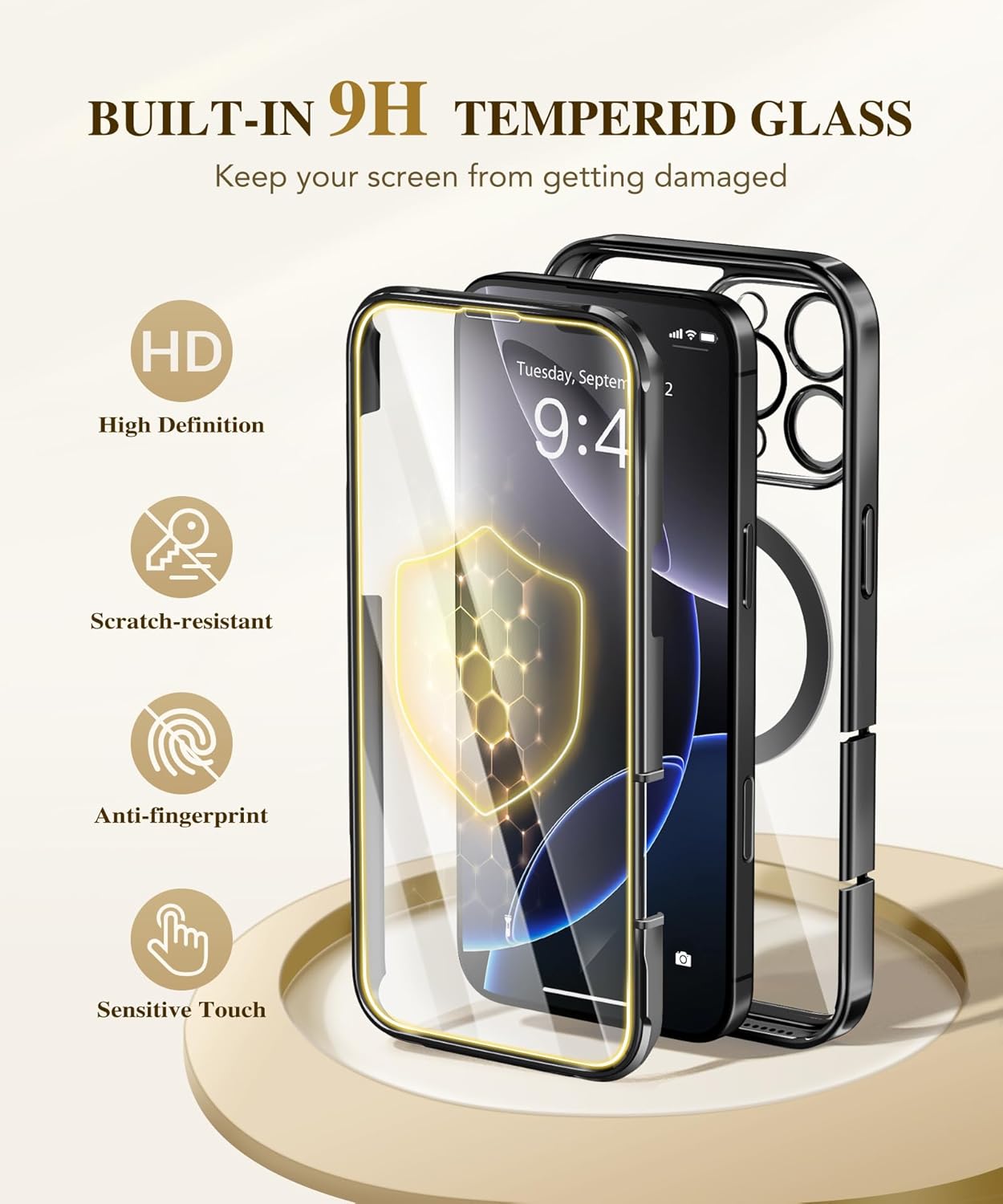 BERFY Magnetic for iPhone 16 Pro Case, Compatible with Magsafe, Built-in 9H Tempered Glass Screen Protector & Upgraded Camera Protection, Full-Body Plating Shockproof Phone Case for 16 Pro 6.3", Black